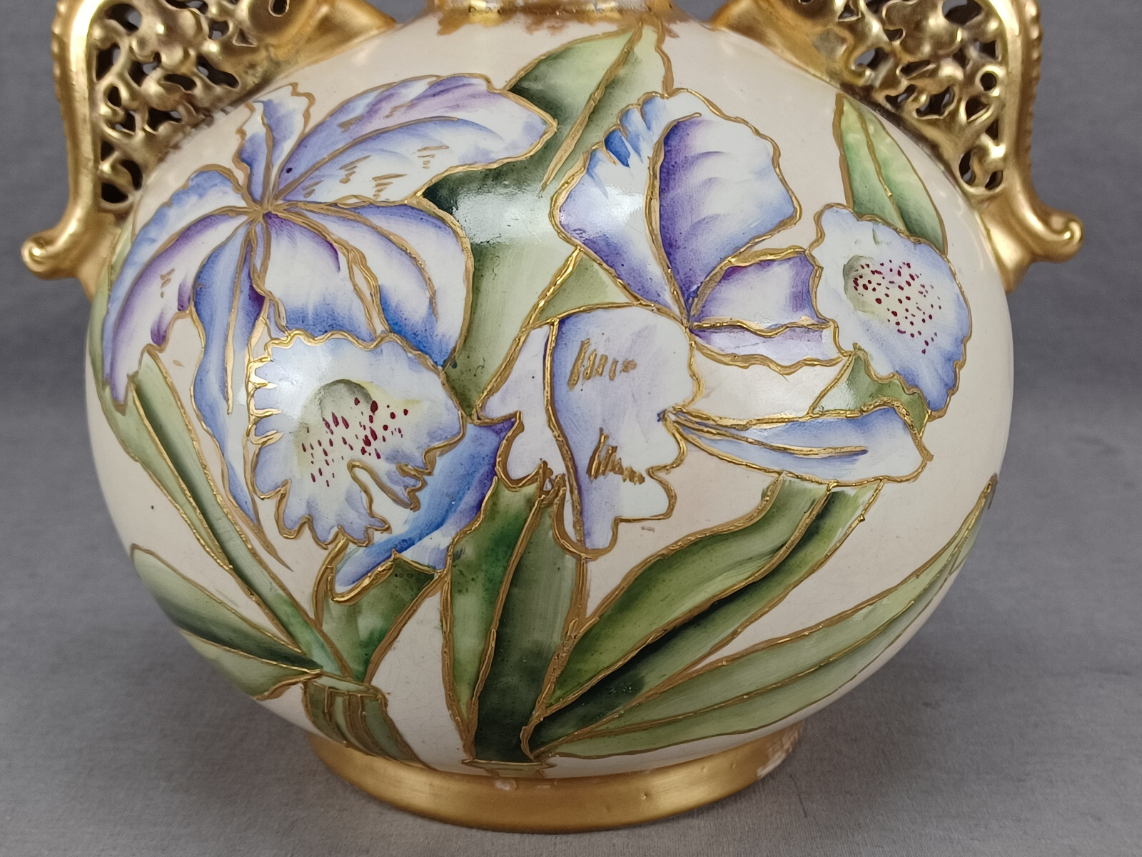 Faience Manufacturing Co Brooklyn NY Hand Painted Orchids Ivory & Gold Vase