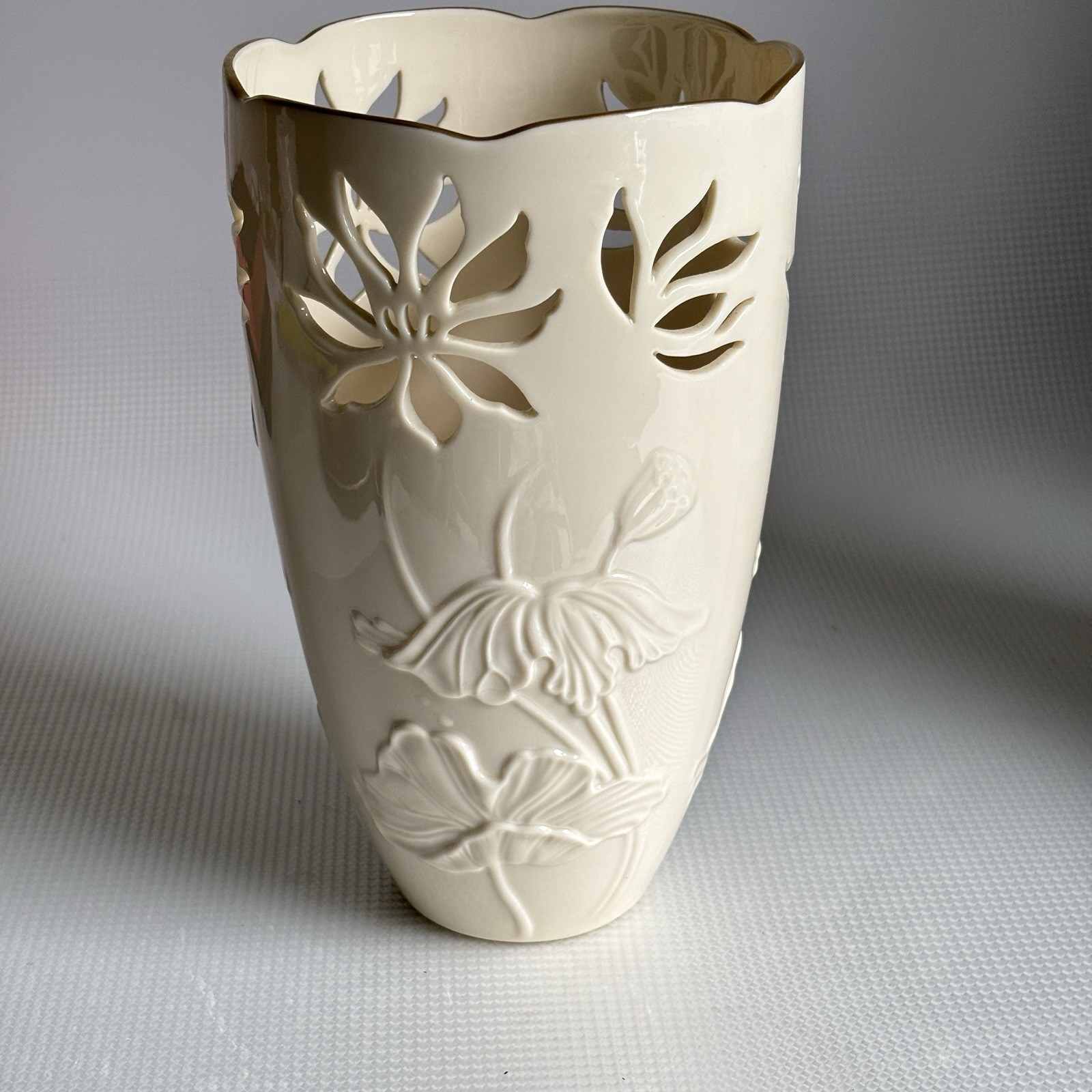 Lenox Westbury Large Vase Ivory Porcelain Pierced Floral Cutout Gold Trim USA