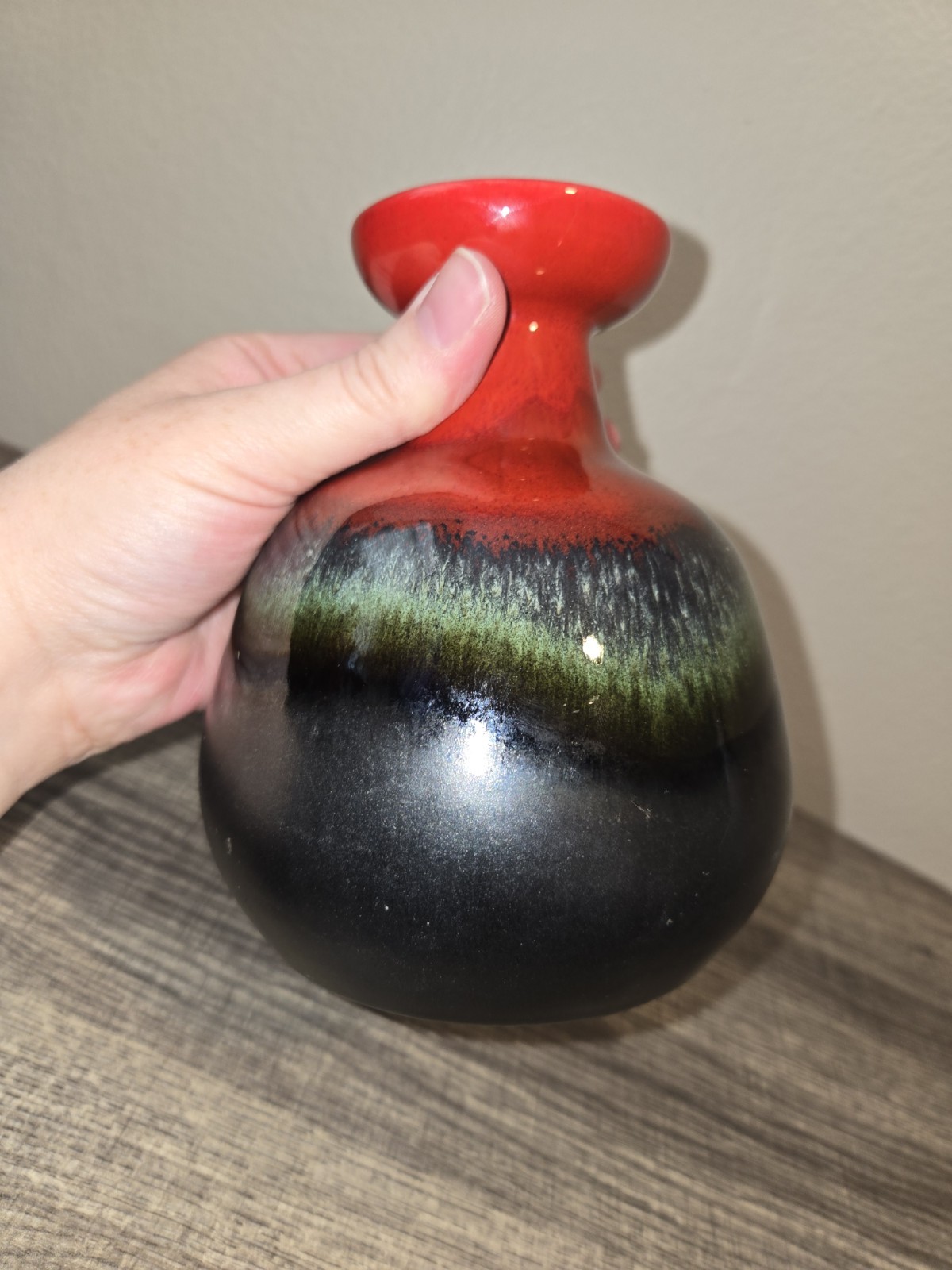 Hutschenreuther Style Fat Lava Bulbous Vase, Glossy Red, Green, And Black Matte