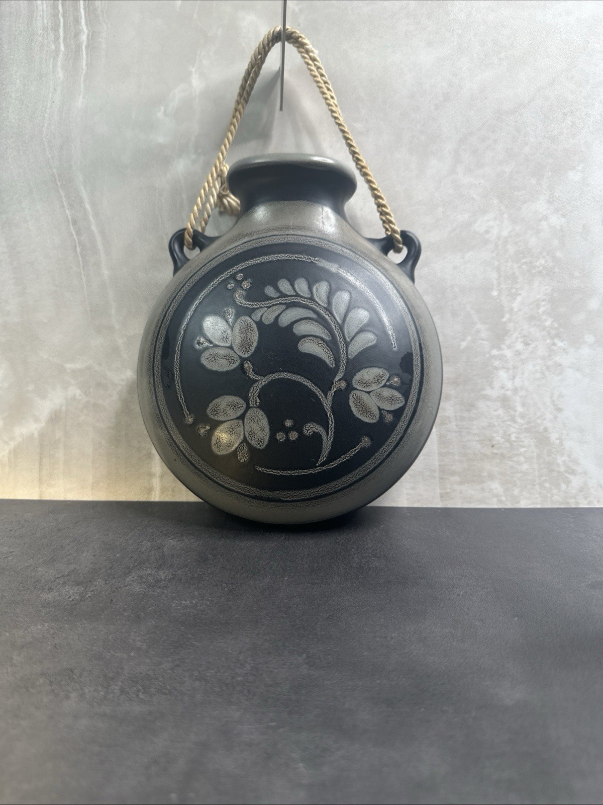 Porta Celi Signed Ceramic Vase Matte Black Floral Hand Painted wall Art Spain