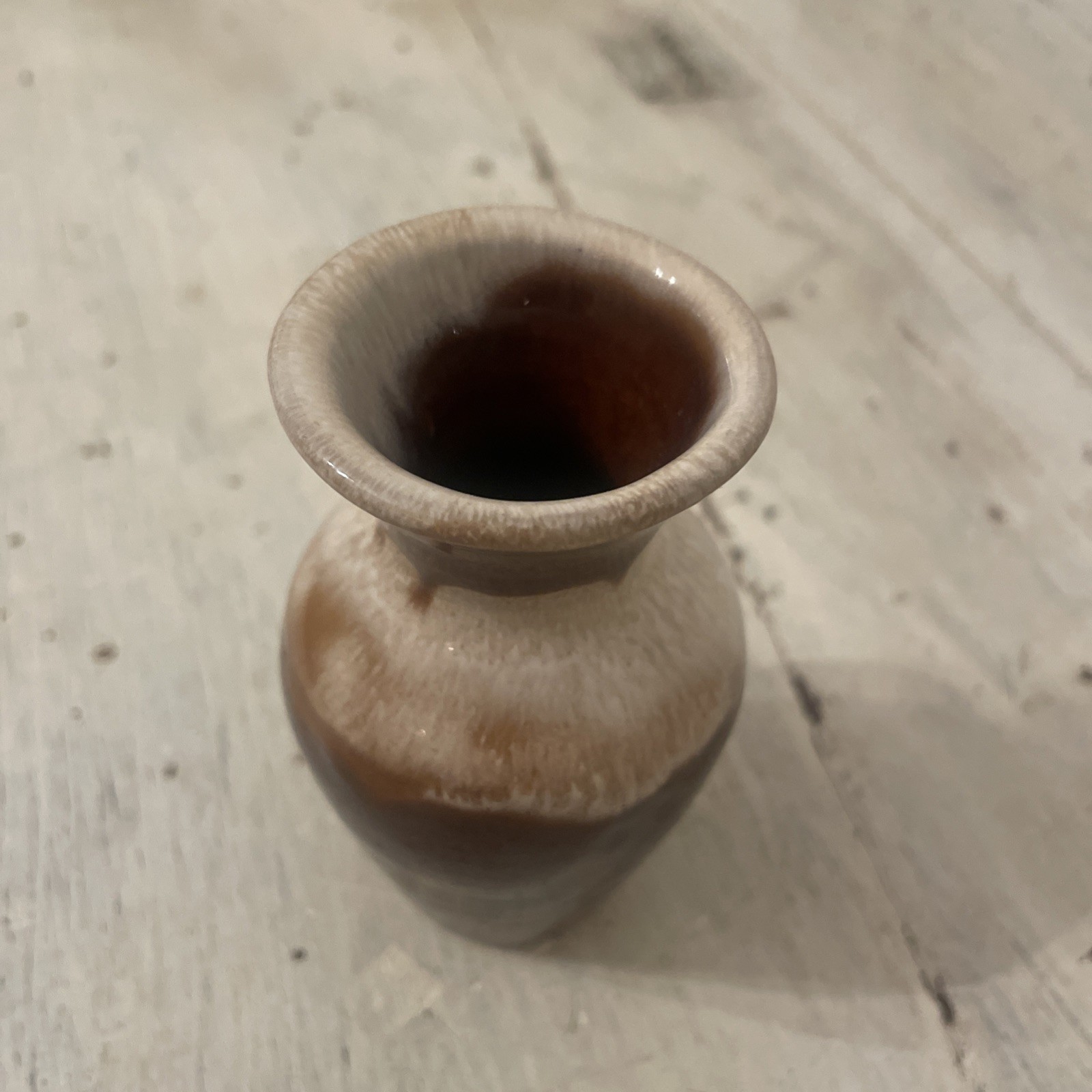 Small Stoneware Bud Vase Drip Glaze Brown & Cream 4” Cottage Cabin Core Decor