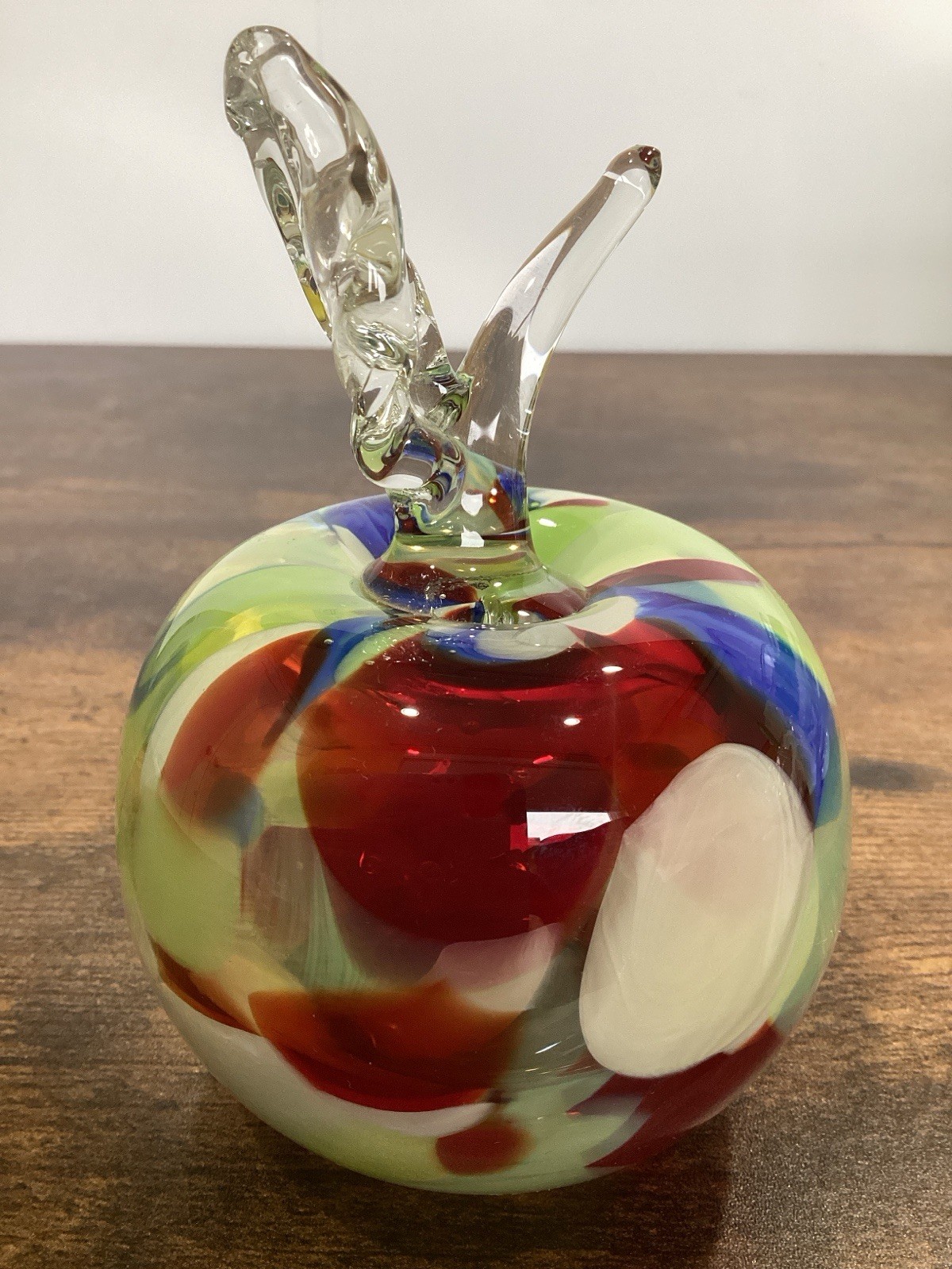 Colorful Art Glass Apple Paperweight Red, White, Blue & Green Beautiful