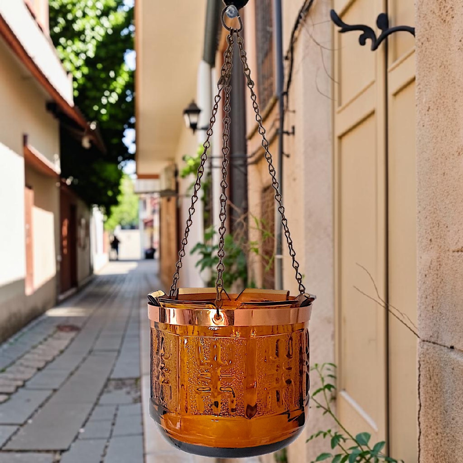 Vintage Amber Glass Hanging Planter Pot Chain Princess House MCM Candle Holder