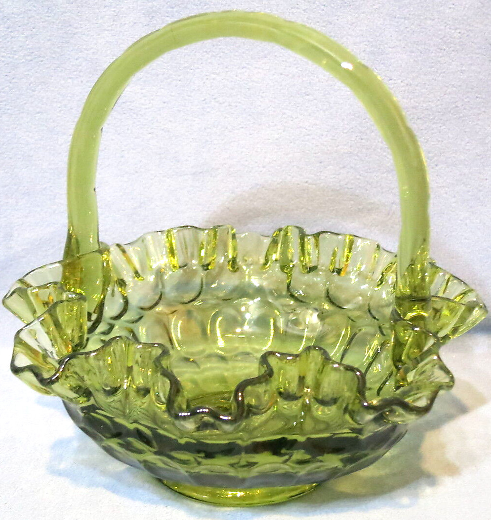 Vintage Fenton Glass Basket Thumbprint Colonial Green 8″ Tall 1968-1970
