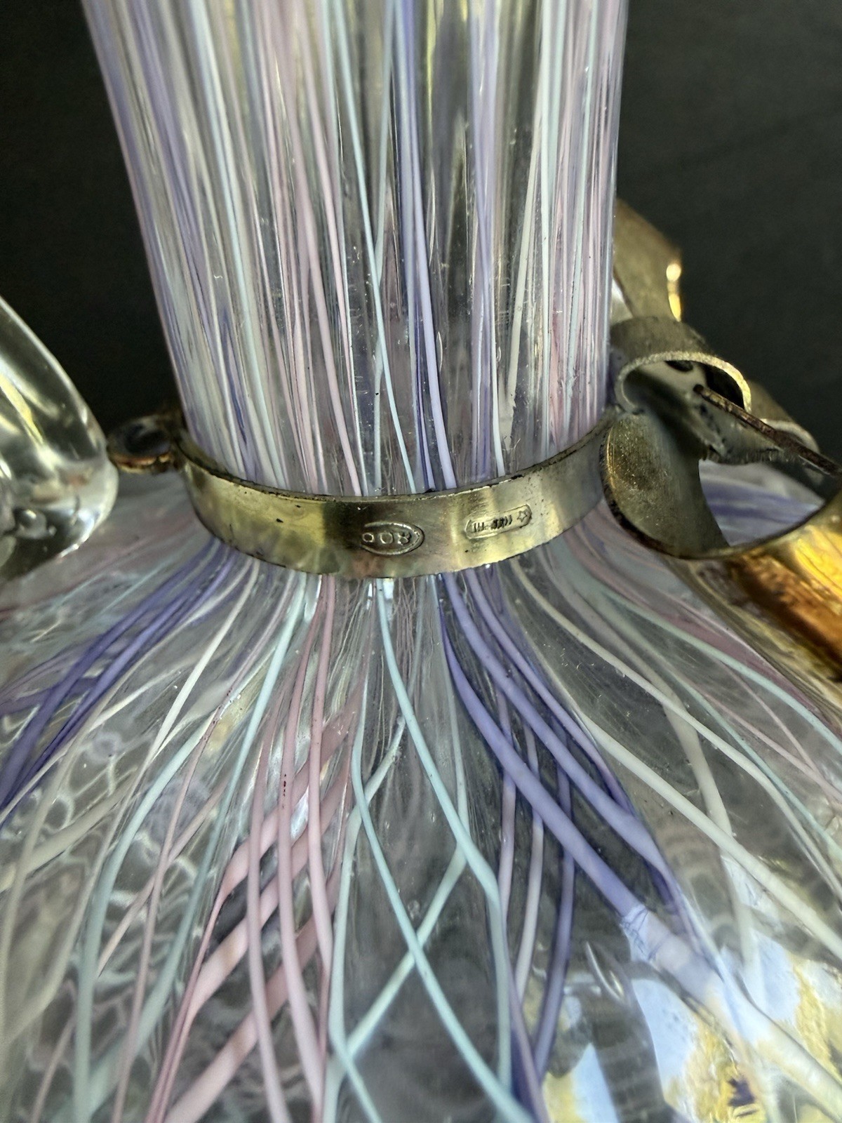 Vtg Murano Latticino Lace Ribbon Art Glass Pitcher w/ 800 Continental Silver Bow