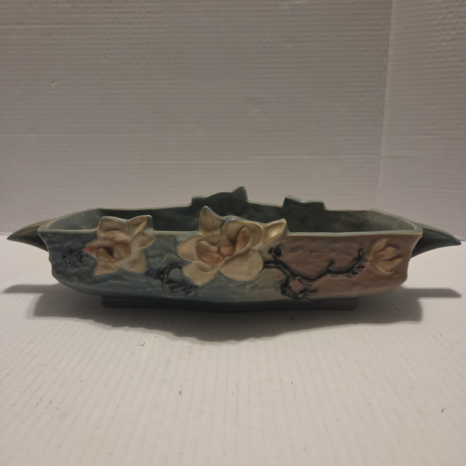 Vtg Roseville Pottery 1943 Blue Magnolia Flowers Console Bowl 451-12″ Rare USA