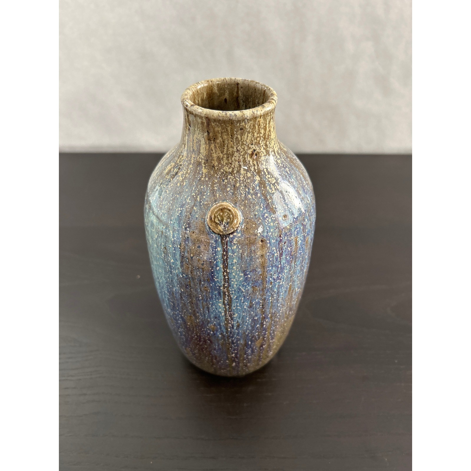 Studio Pottery Bud Vase Signed Hand Thrown Blue Brown Drip Glaze Artisan Ceramic