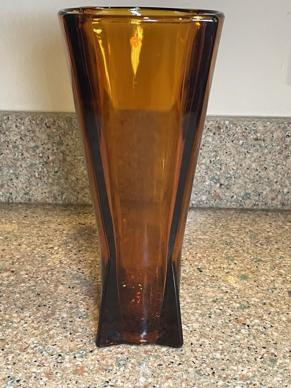Vintage MCM Amber Art Glass Vase – Flared Panel Design – 9” Tall – 1 lb 13 oz