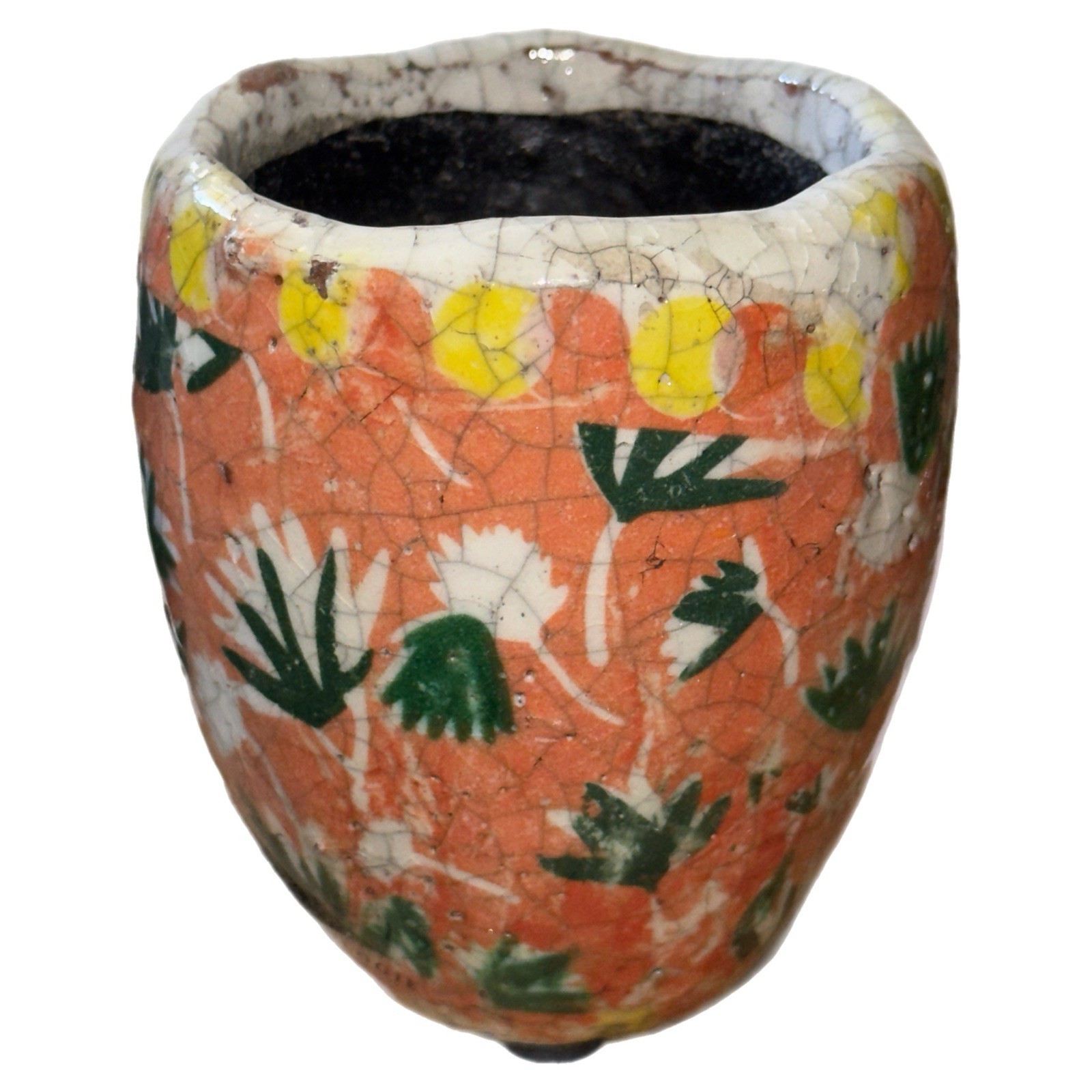 Anthropologie Raku Fired Pottery Crackle Art Hand Painted Floral Vase Votive