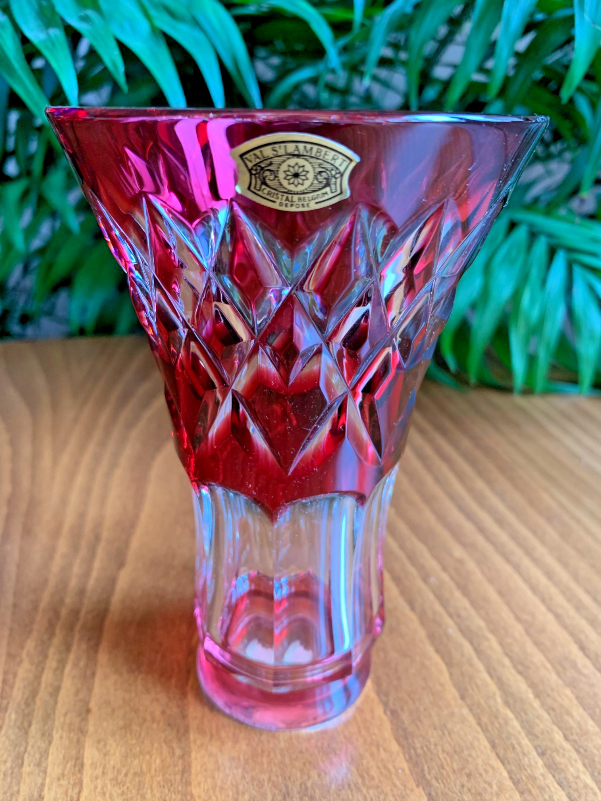 Val St Lambert Ruby Red Cut to Clear Crystal Glass Vase Belgium Depose Signed 6″