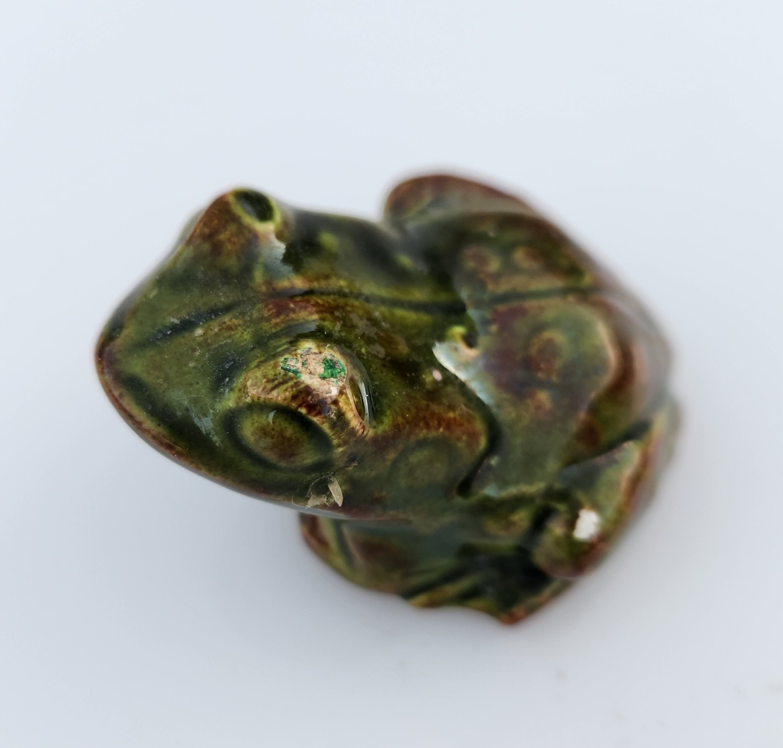 Vintage Pottery Frog Toad Brown & Green Drip Glazed White Clay Figurine