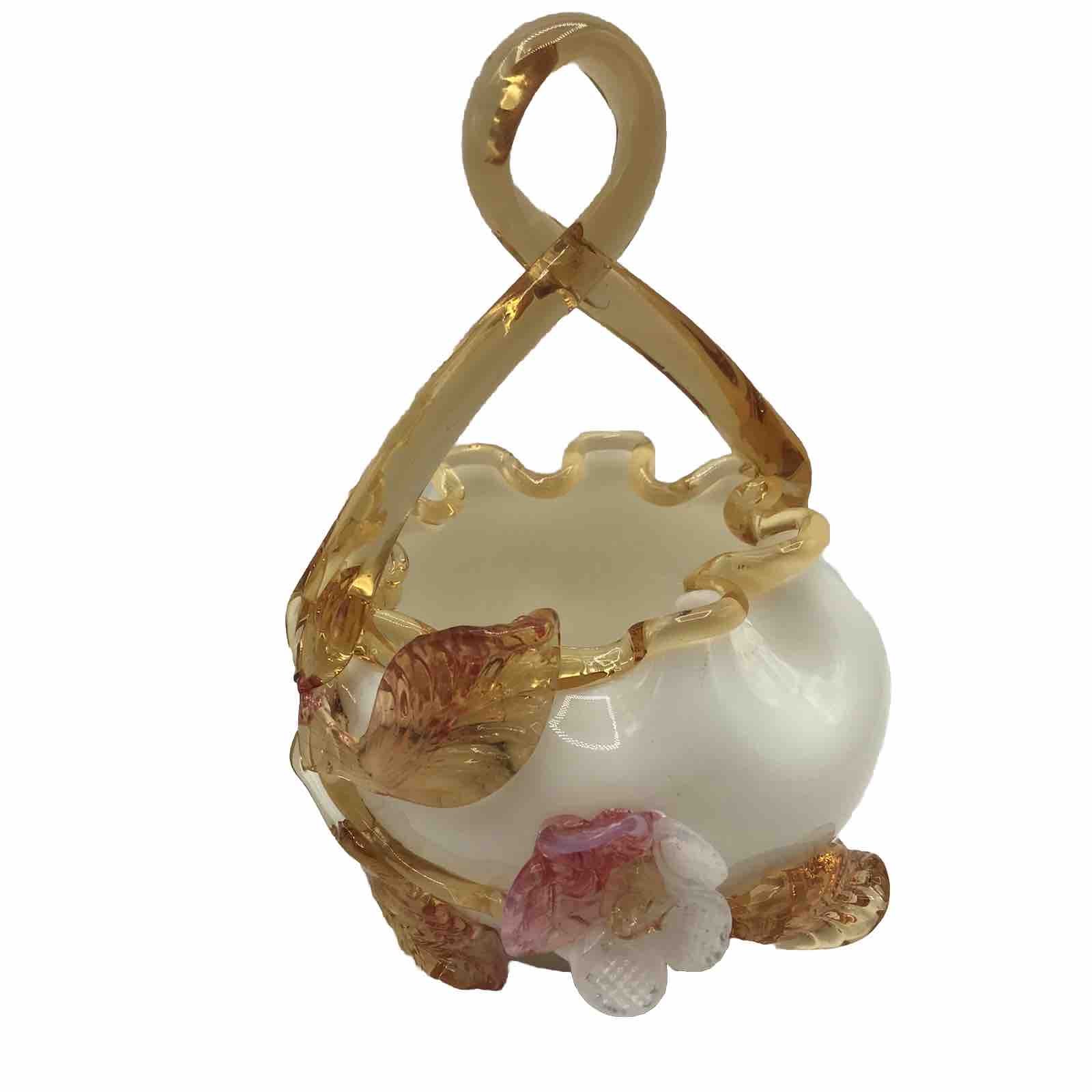 Antique Stevens & Williams Basket Amber Crest & Handle, Flower on White – GLOWS!