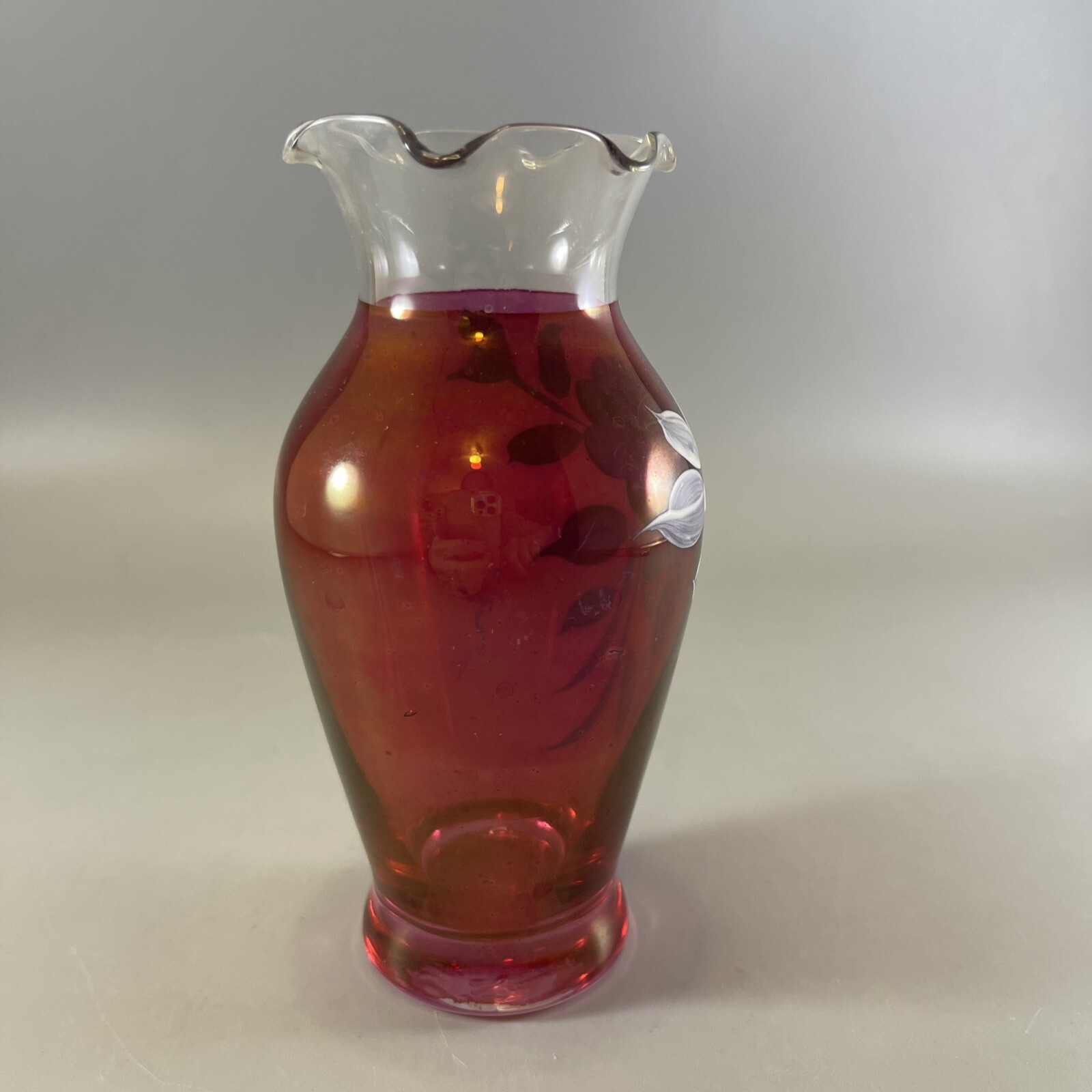 Westmoreland Glass Ruby Flash Red Vase Hand Painted Rose 5.5 In. Tall Vintage