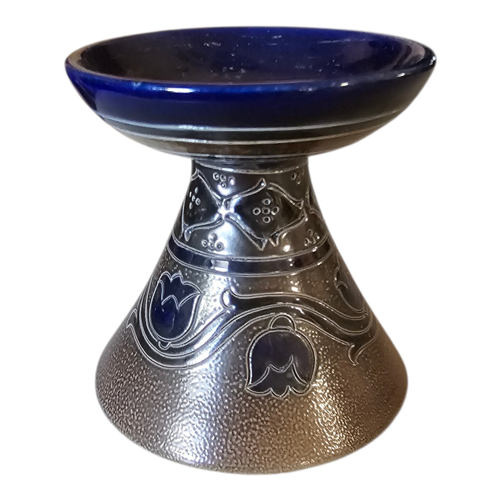 German Handarbeit Pottery Candle Holder Flower Glazed Vtg 4″ Pillar Vase Blue