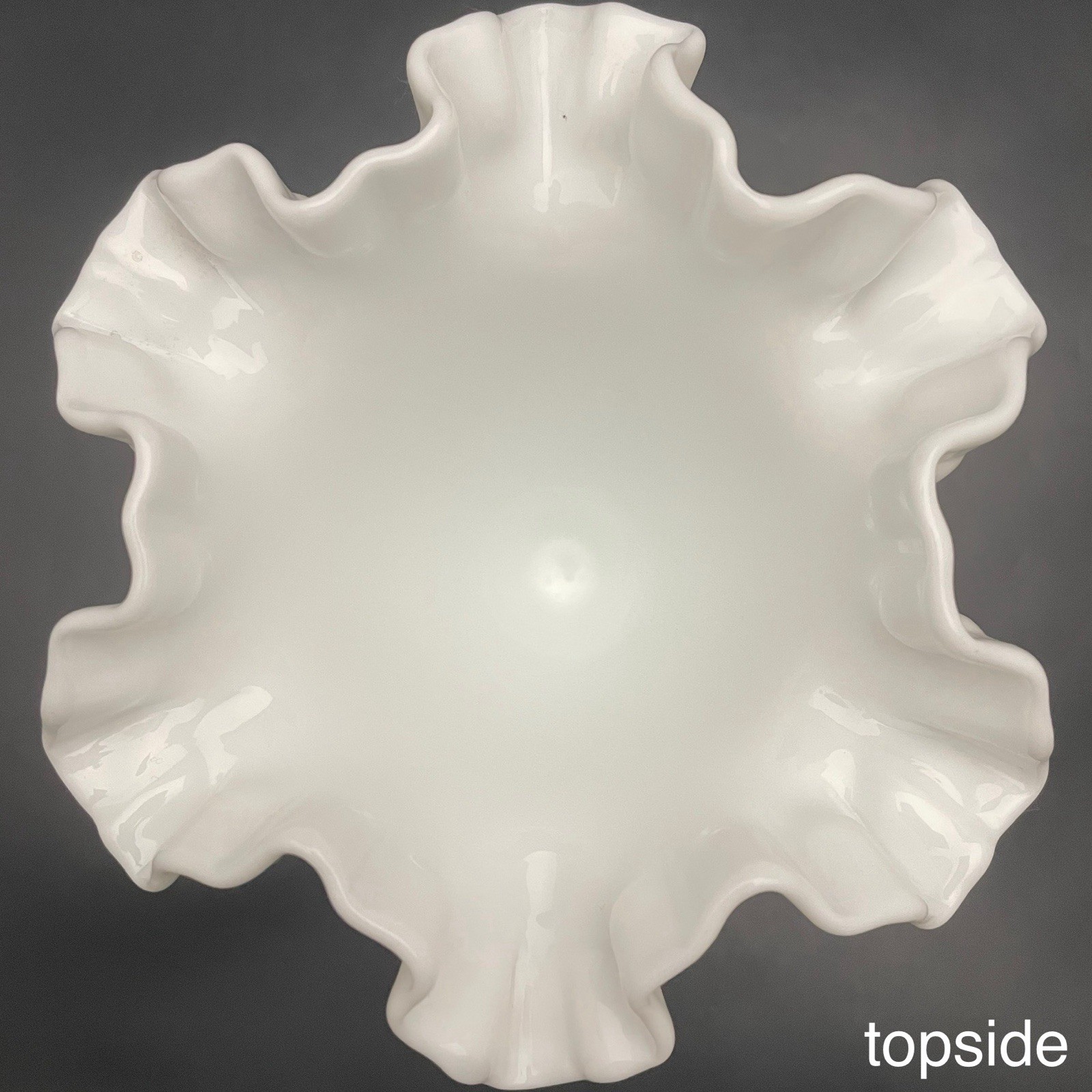 Fenton White Milk Glass Ruffled Crimped Hobnail Trumpet Vase c1970s USA 7.75″t