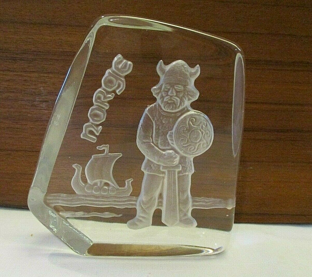 Norway Glass Viking Ship Paperweight Norge Nybro Sweden Sculpture Clear Frosted