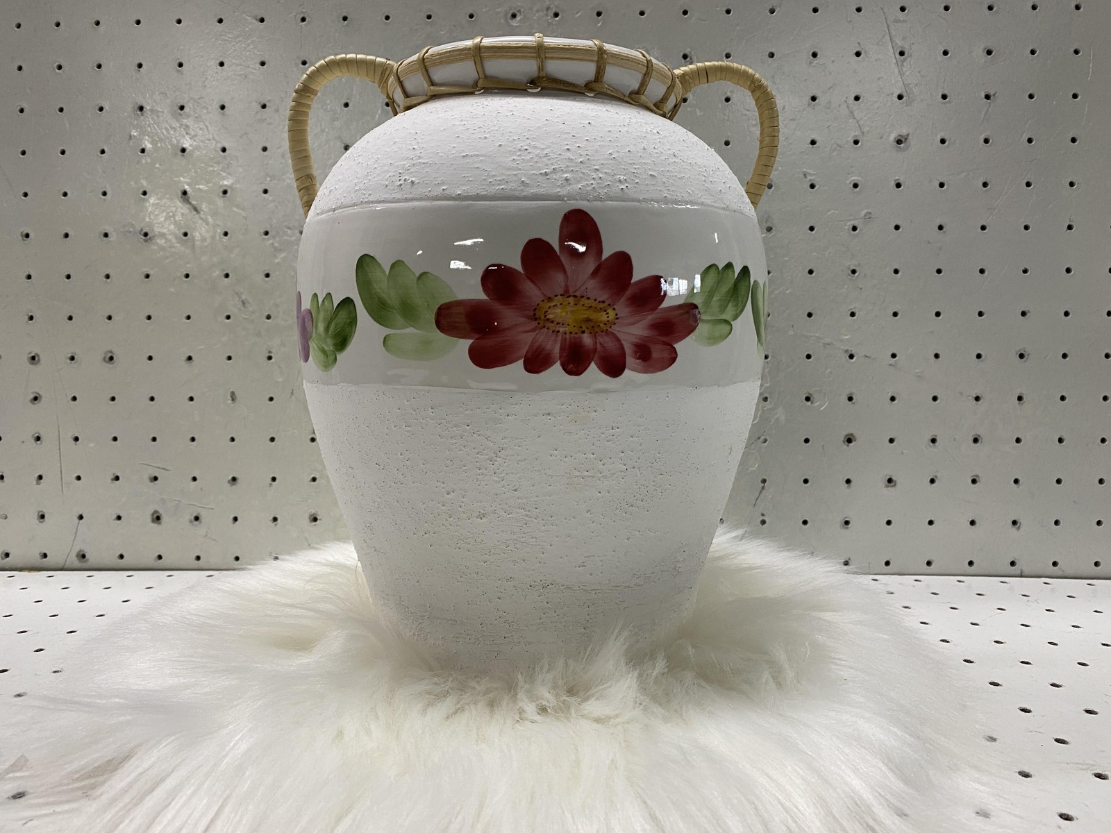 Hand Painted Ceramic Vase Textured White Floral Wicker Handles Decorative