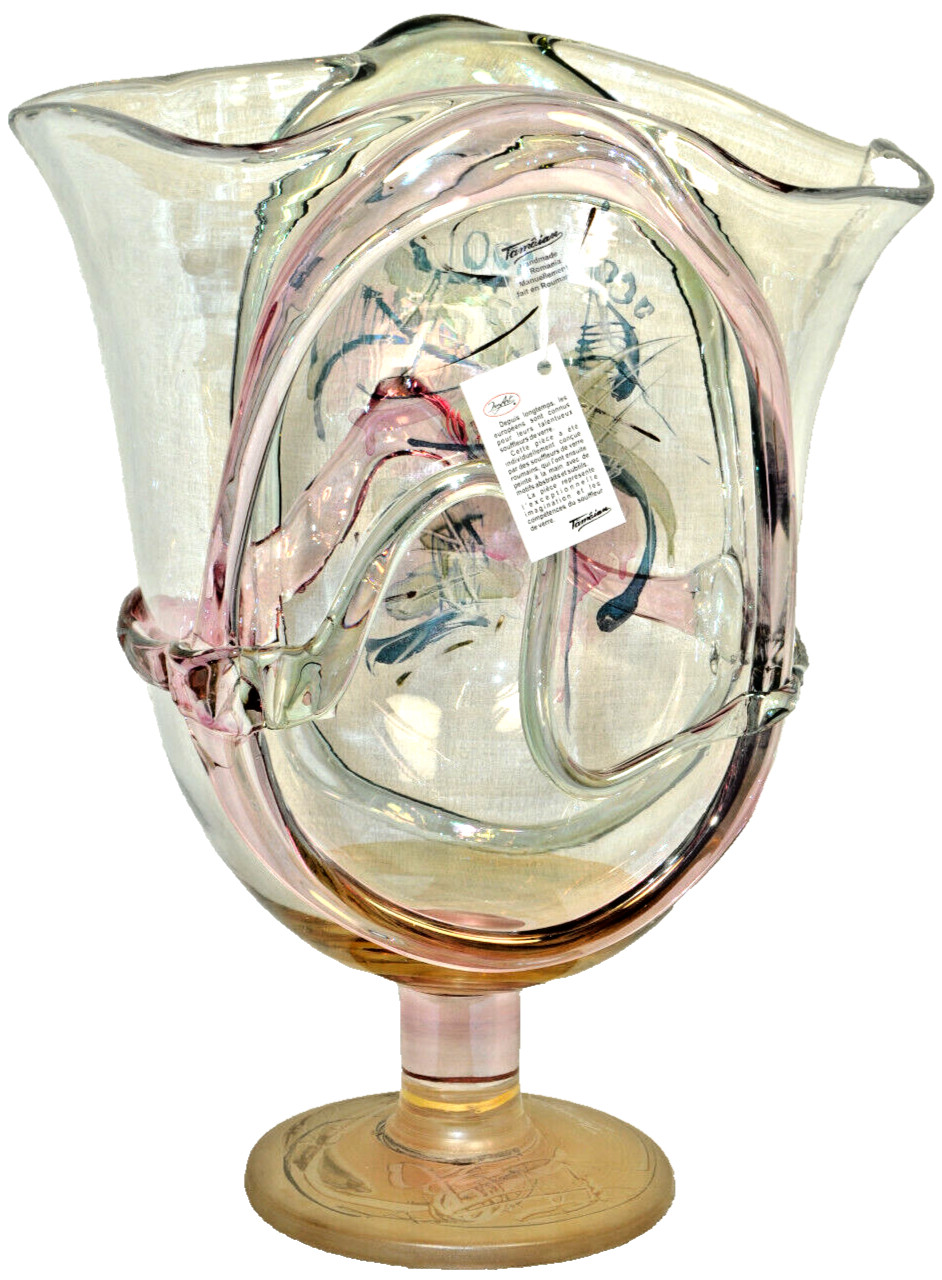 ION TAMAIAN Art Glass Clear Hand Blown Painted Footed Vase Fused Romania New