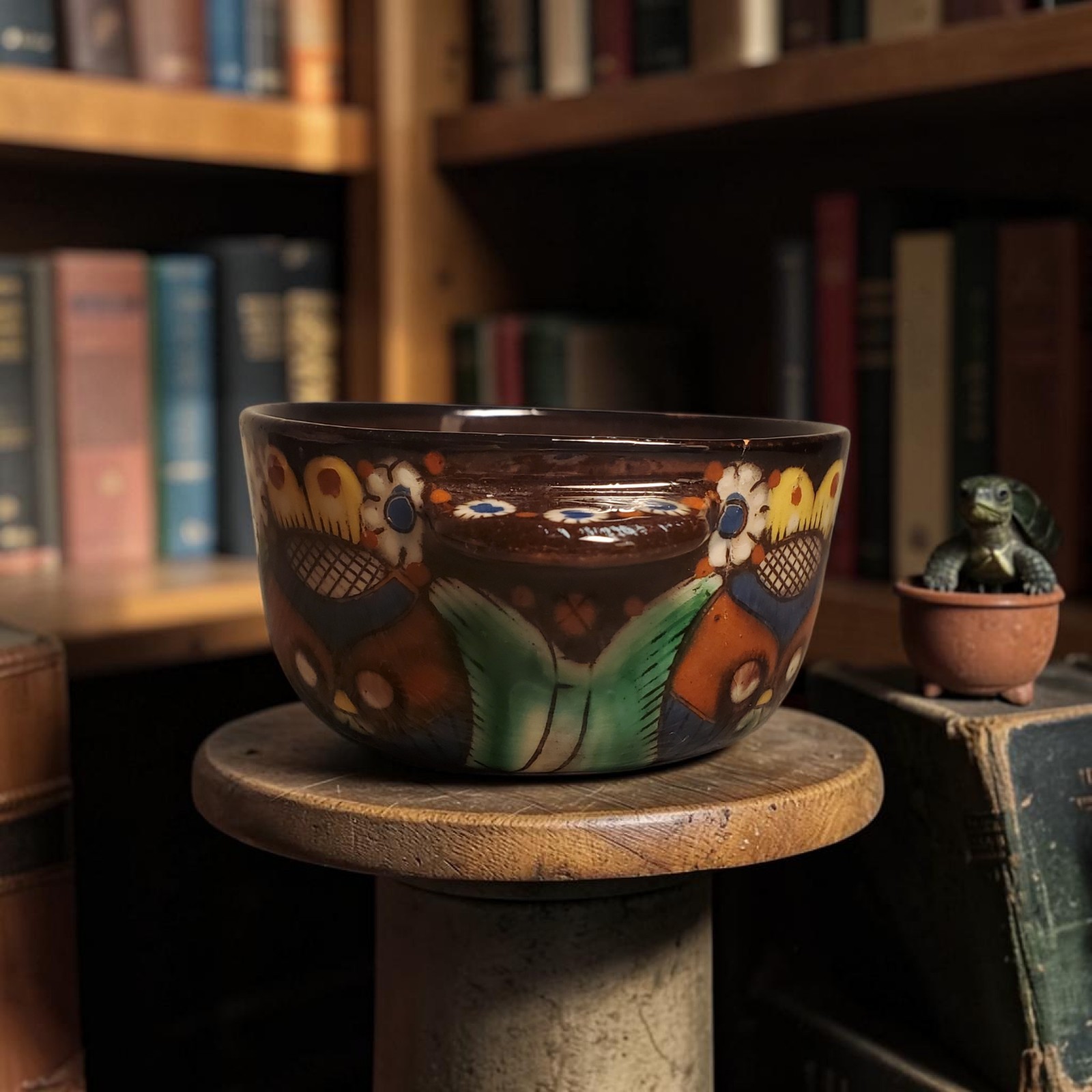 SWISS THOUNE Piccola Majolica Chrutmuster Owl Bowl SWITZERLAND 1920 ANTIQUE 4.5″