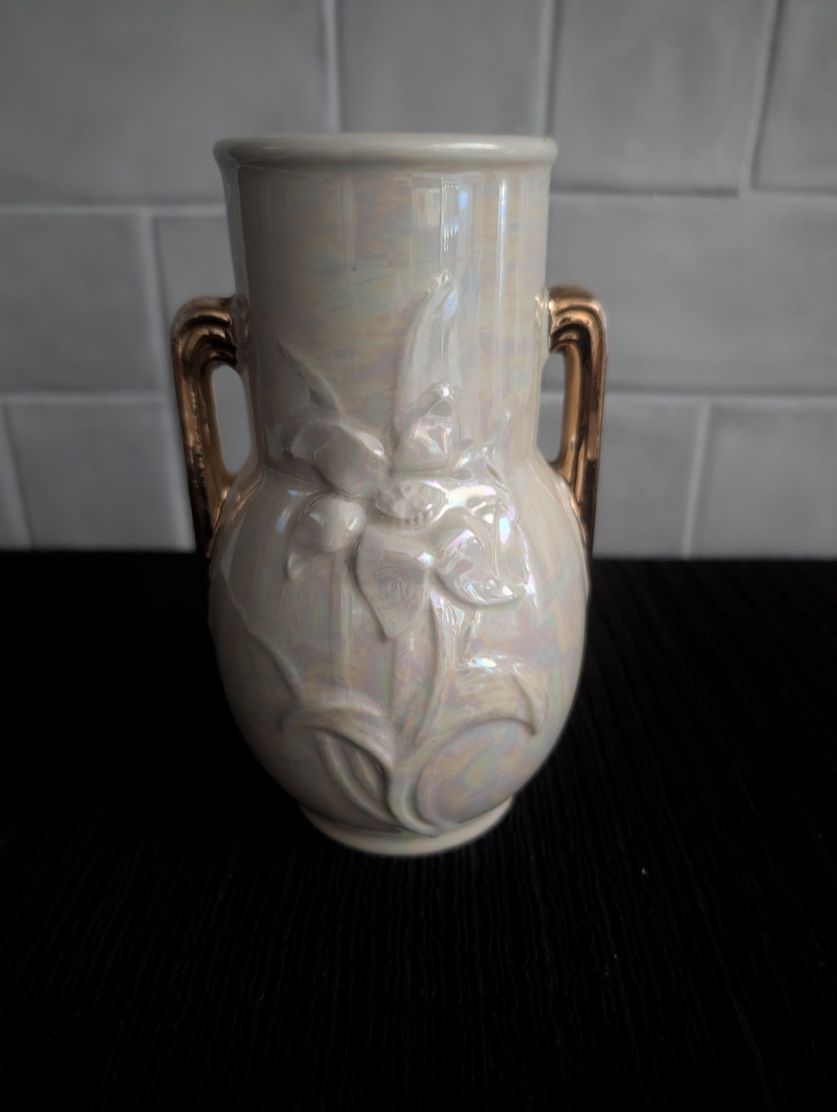 White Ceramic Floral Vase, Glossy Finish, Gold Handles, Decorative Pottery