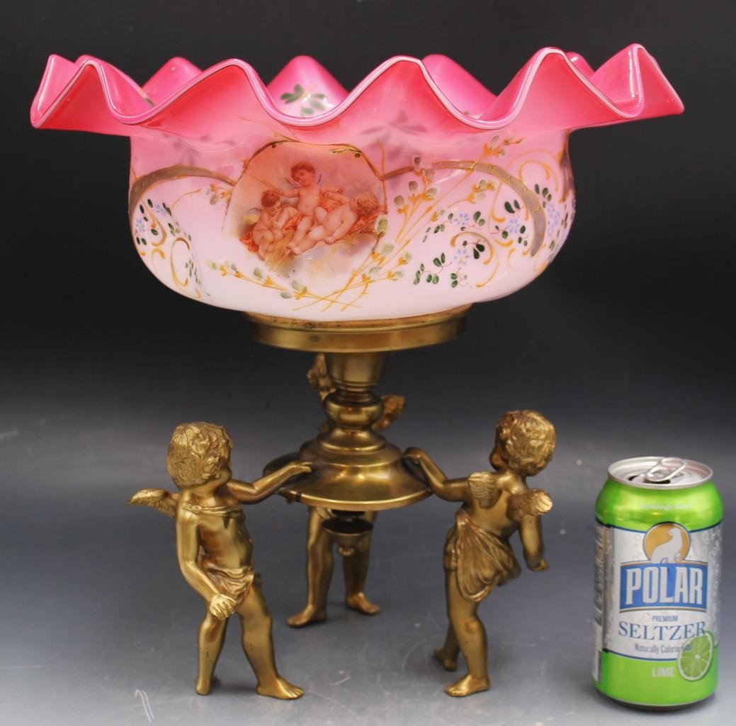 Ornate 19C Victorian Cased Pink Glass Brides Basket Bowl Centerpiece w/ Cherubs