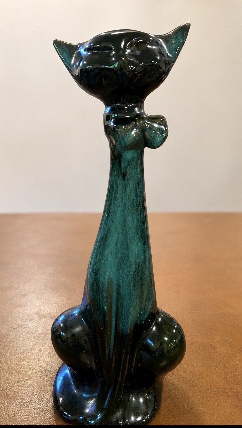 Vintage Blue Mountain Pottery Tall Cat Figurine 12” Green Drip Glaze Canada MCM