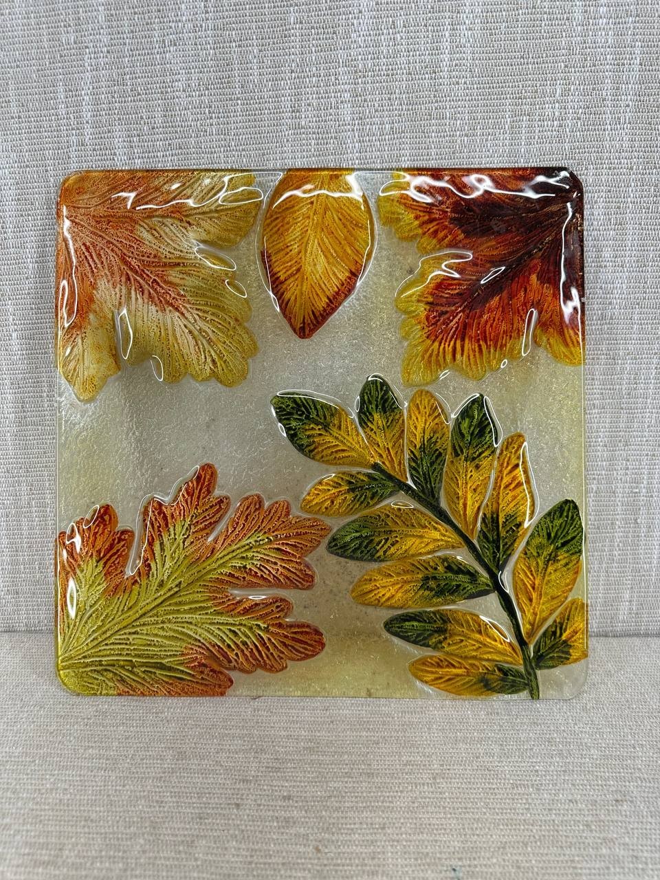 Decorative Glass Panel Autumn Leaves Handmade Art Tile 12” / 039-3