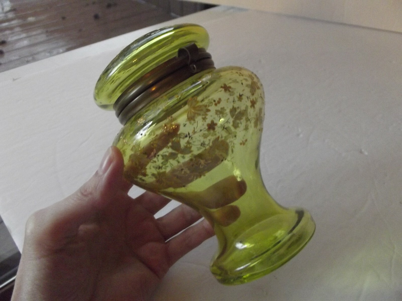Hinged Jar Antique Green Glass enamel polychrome bohemian Moser Czech victorian