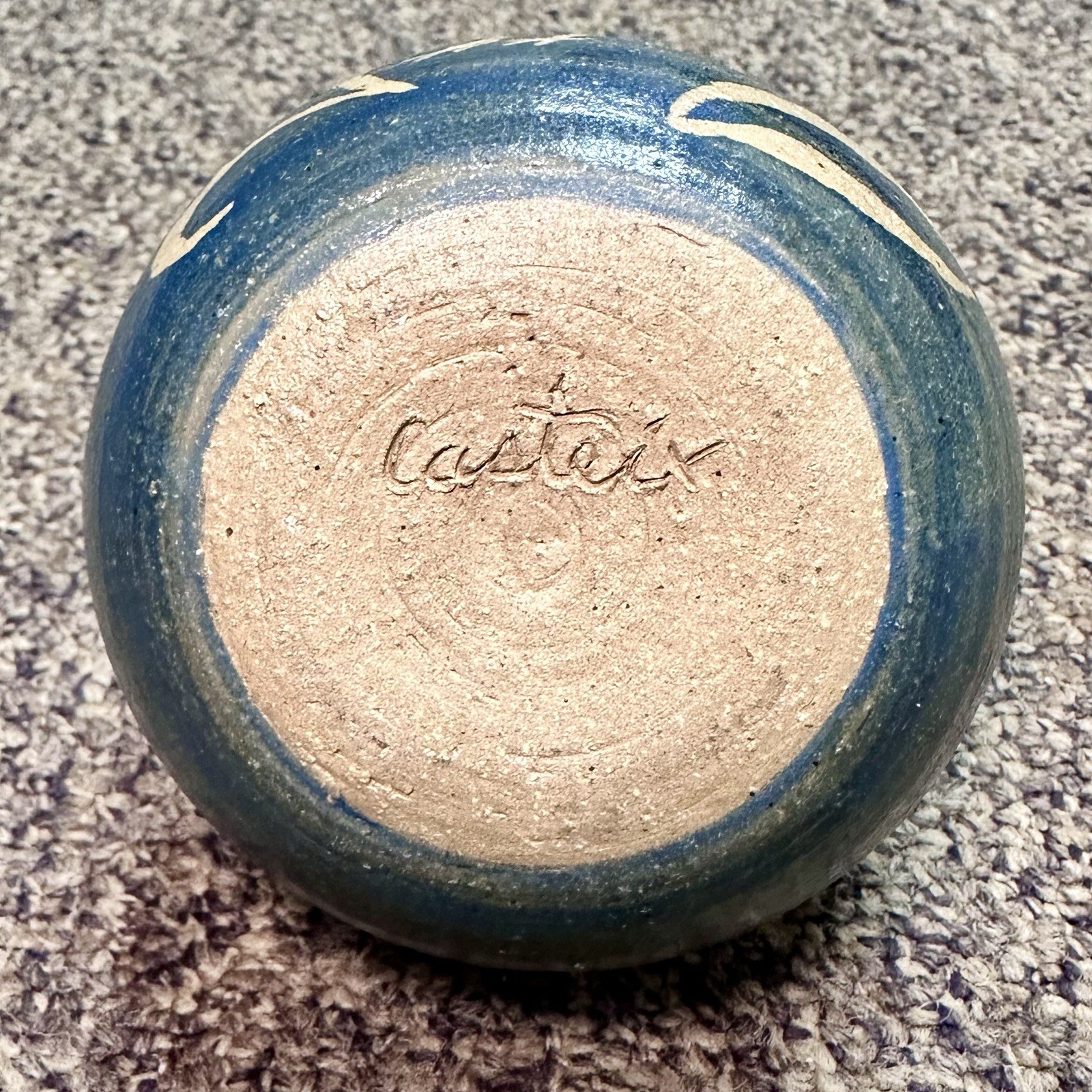 Handcrafted Signed Stoneware Bud Vase by Castaix Blue Glaze with Phoenix Design