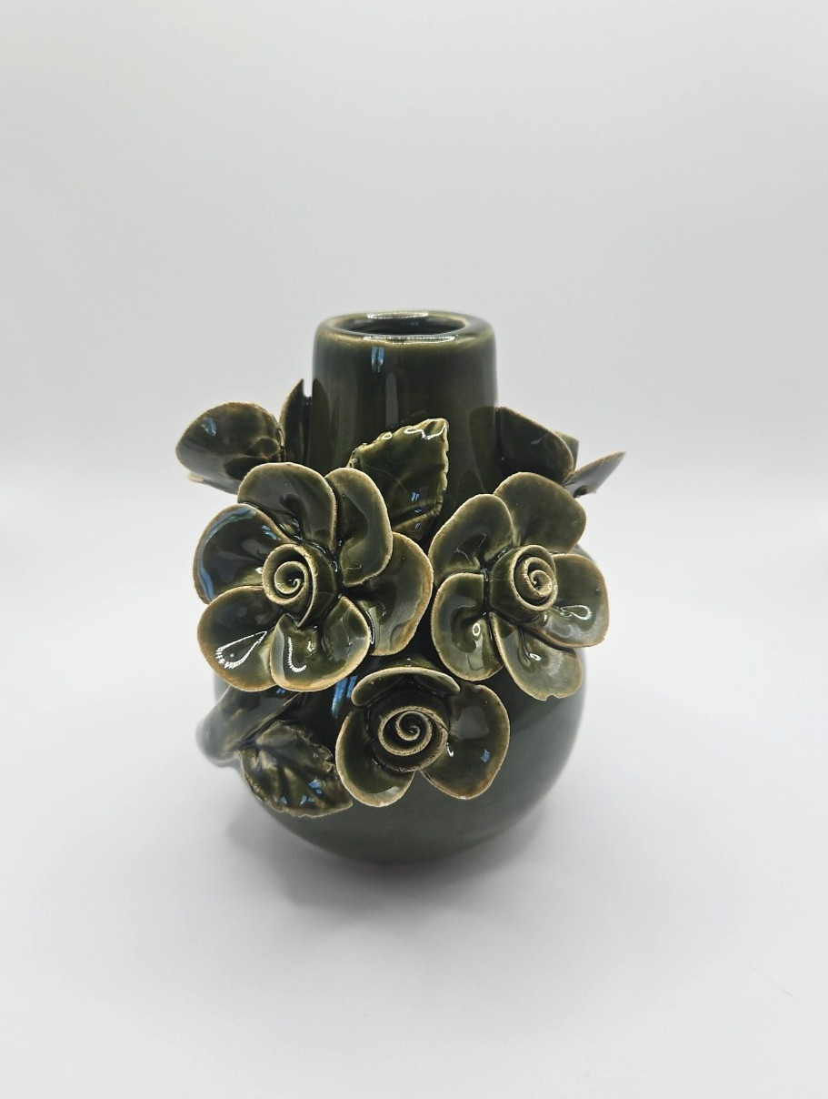 Ceramic Vase Green 3D Floral Glossy Finish Art Pottery Flowers 3.75″