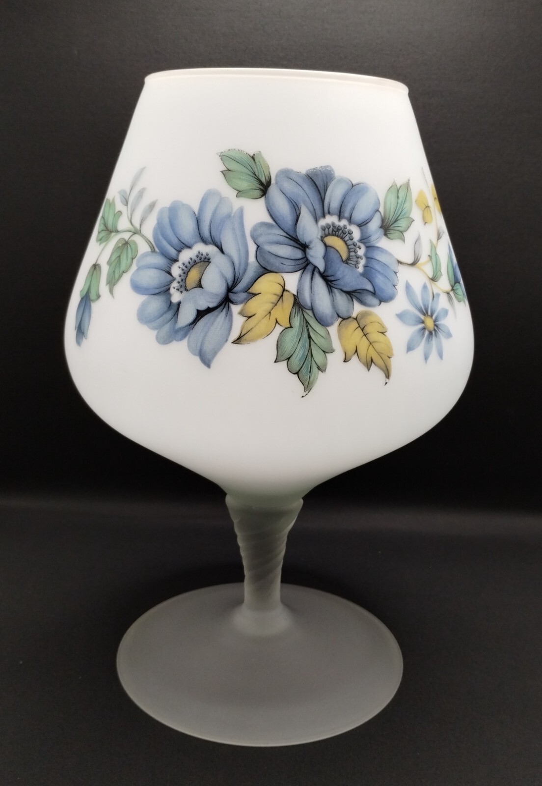 Vintage Blue Floral Italian Satin Glass Compote Vase 10 Inches Tall Empoli?