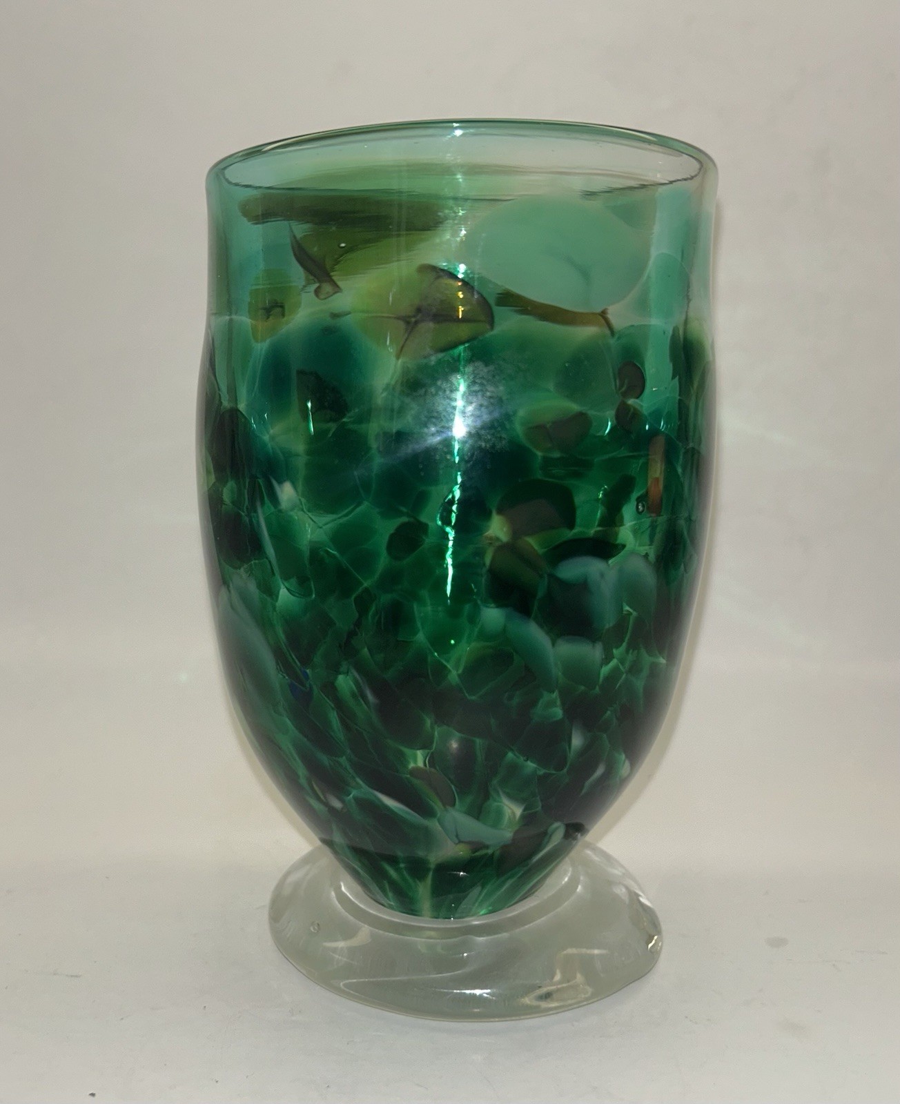 Hand Blown Art Glass Goblet Vase Emerald Forest Green Clear Footed 6″ Tall Heavy