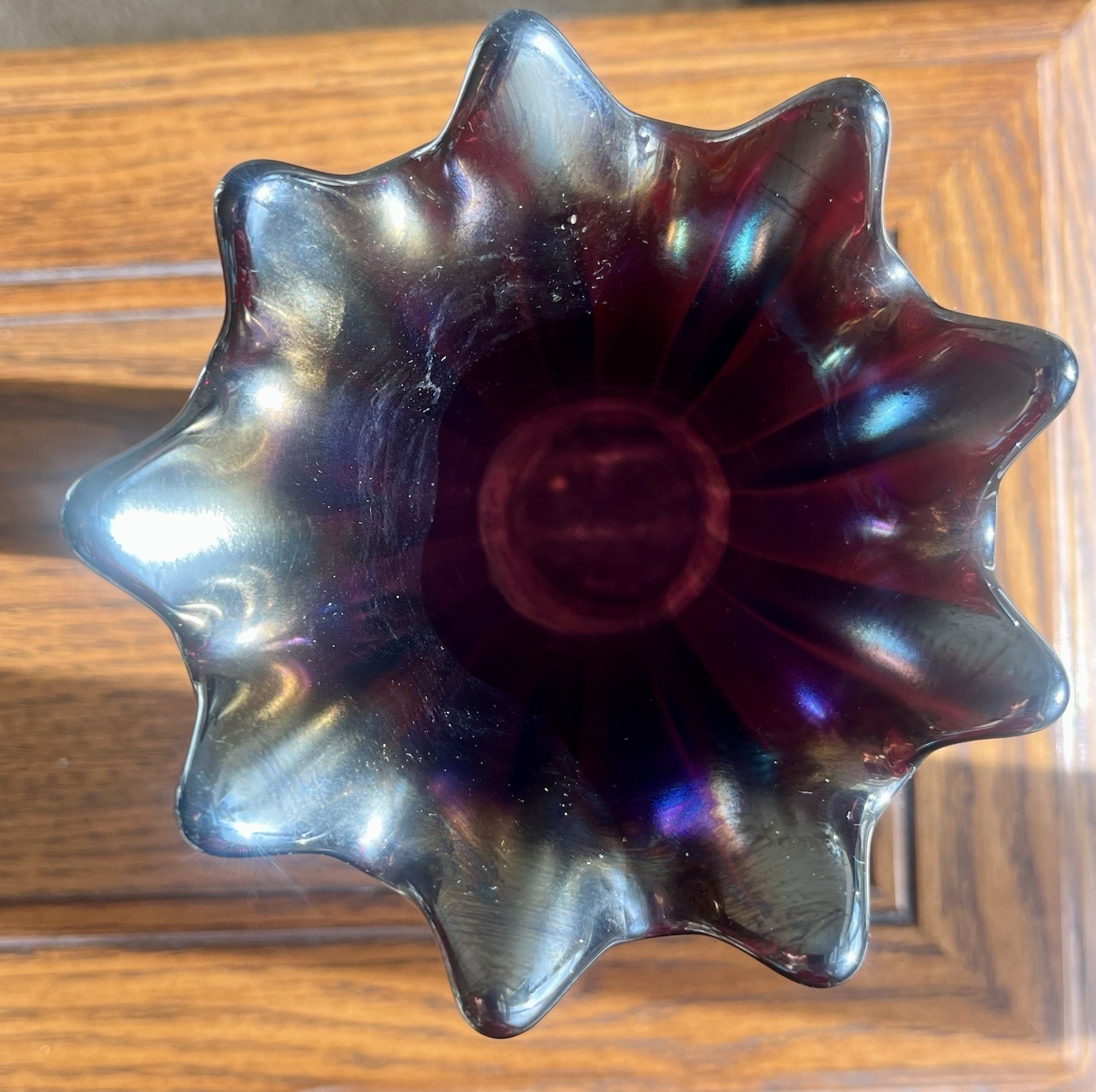 Unmarked Iridescent Ribbed Glass Vase, Ruffled Rim, Purple/Blue/Gold