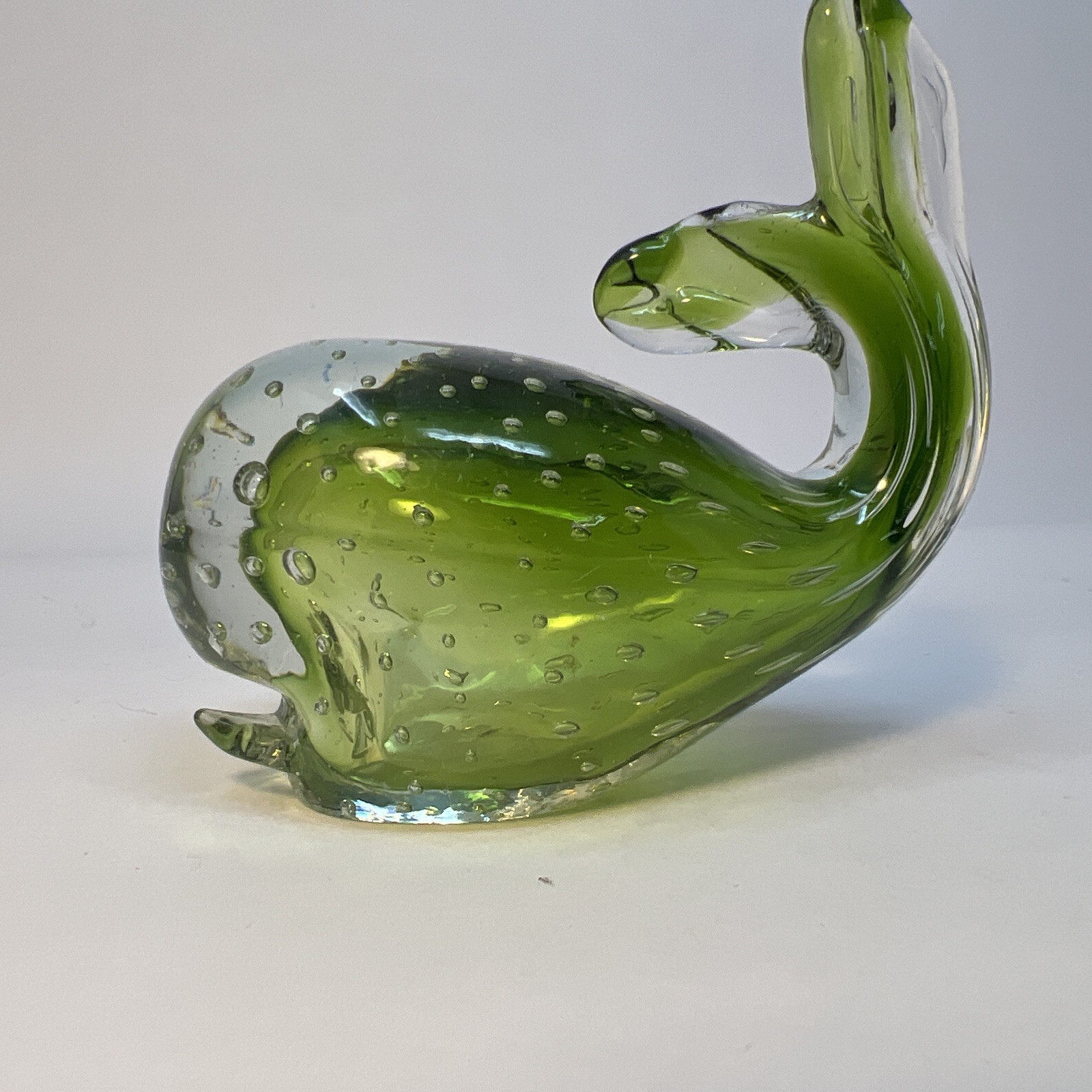 Murano Art Glass Controlled Bubble Paperweight Green Whale Fish Figure