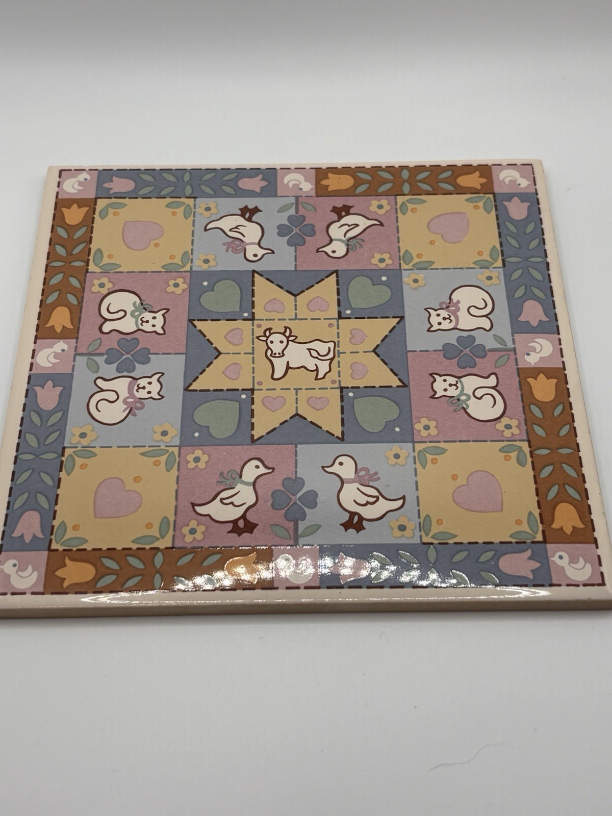 Vintage ORIENT Ceramic Tile Trivet Country Patchwork Cow Cat Duck Goose 6″