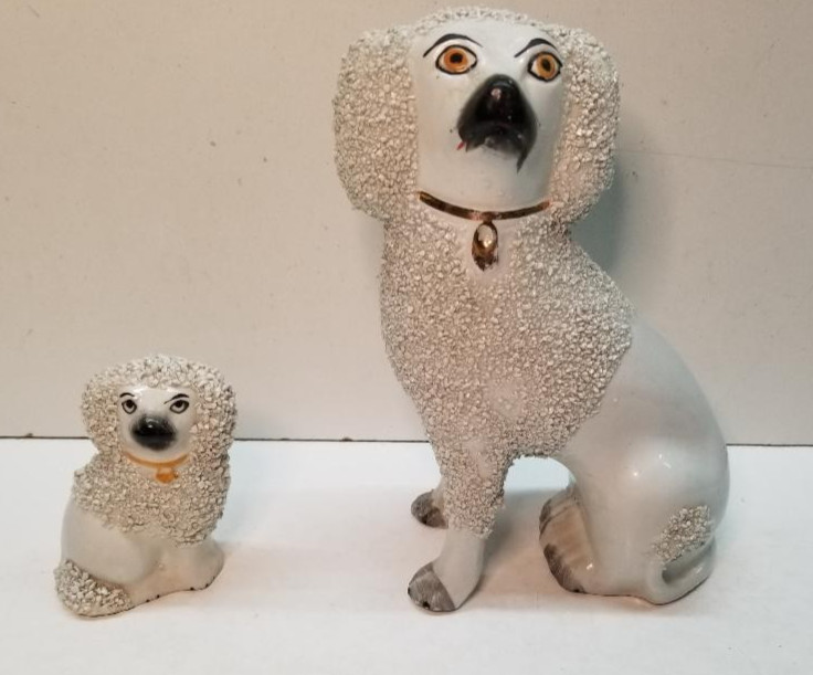 Antique Staffordshire – Pair Confetti Poodle Spaniel Dogs 6” + 1 Smaller Dog
