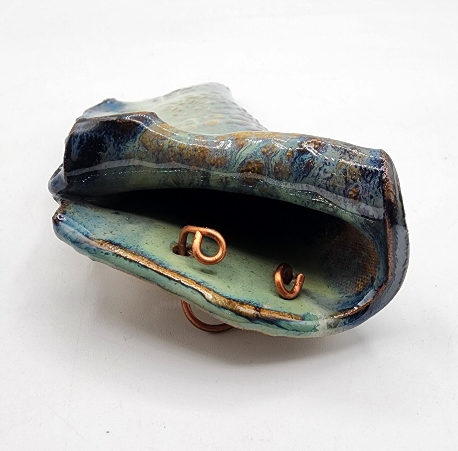 Studio Art Pottery Blue Wall Pocket Vase Signed Textured Sea Turtle Flipper 7″