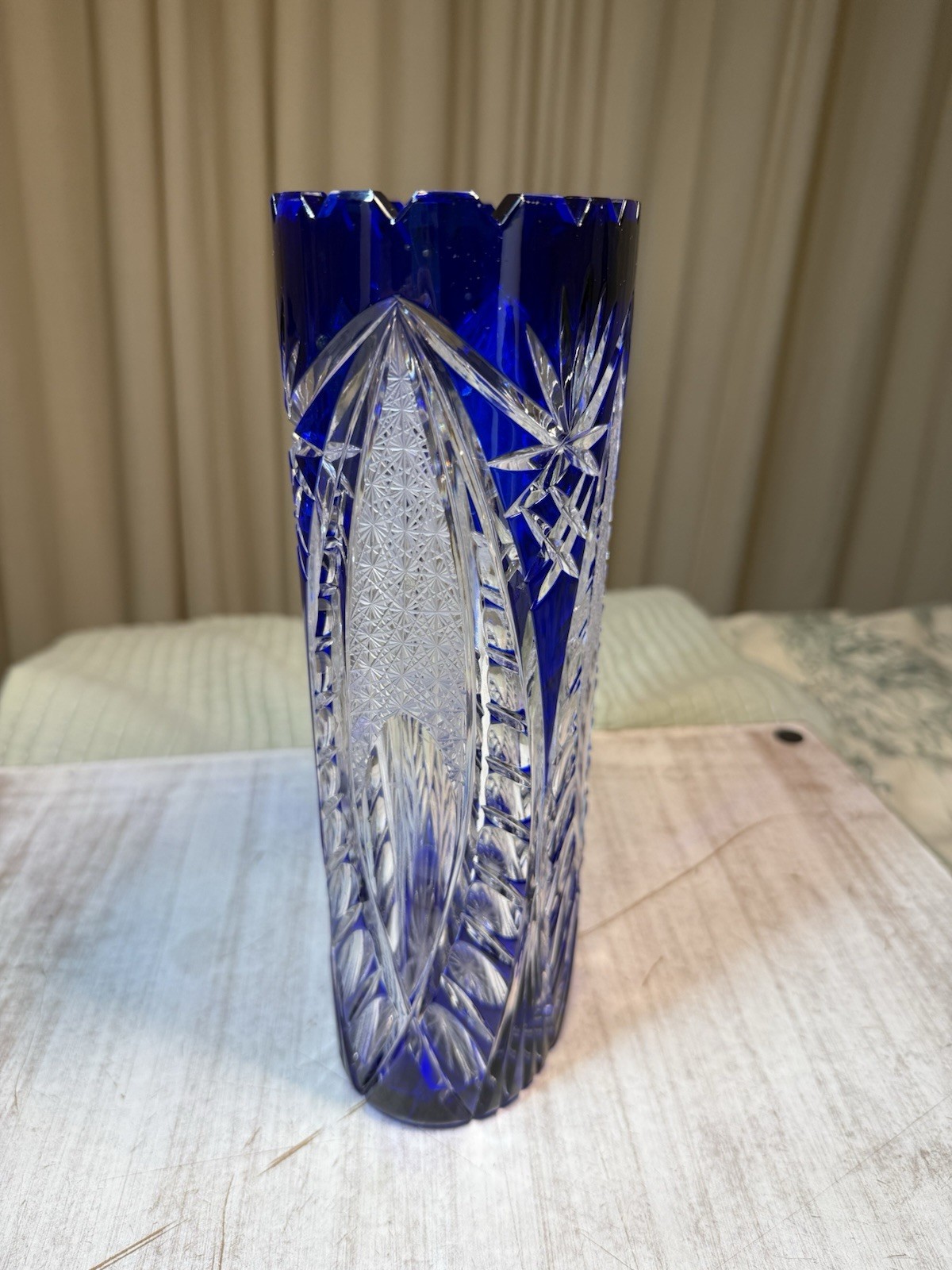 Cobalt Blue Lead Crystal Oval Vase Starburst Germany 10.5 In EUC