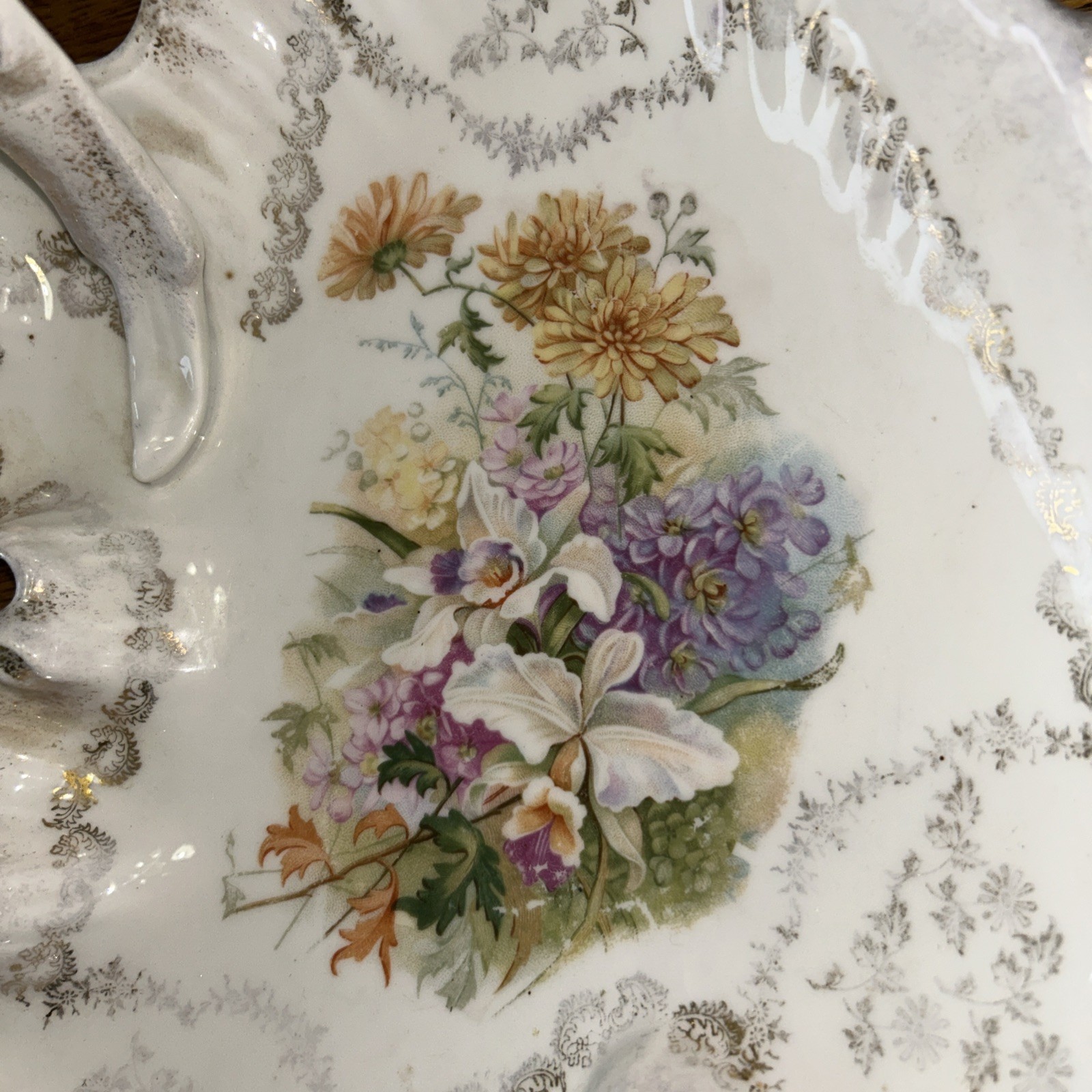 Antique Carl Tielsh CT Germany scalloped porcelain bowl 11×9” Floral Gold Handle