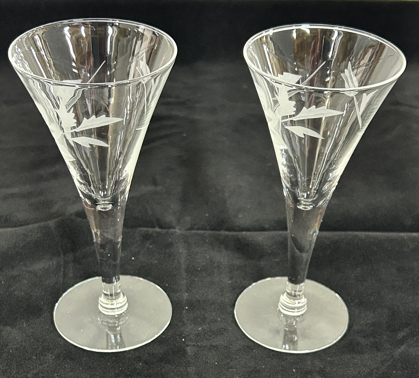 Pair Vintage Etched Clear Glass Champagne Flutes Cordial Glasses Floral Rose