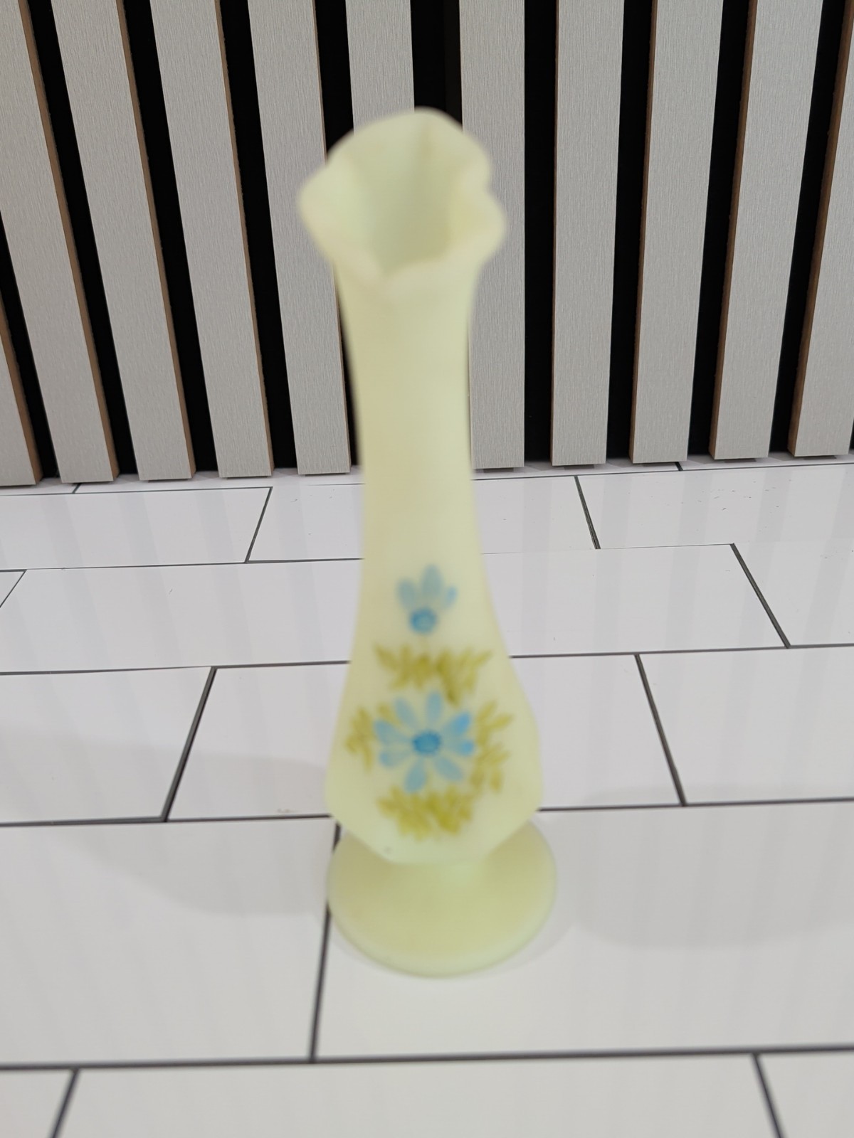 Vintage Fenton Hand Painted Blue Flowers Satin Custard Glass Bud Vase