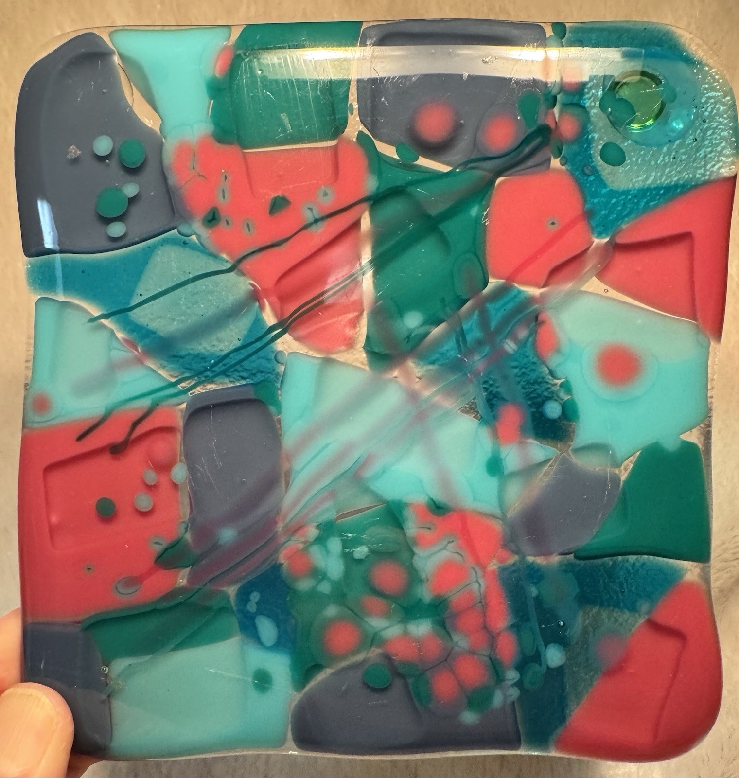 Fused Art Glass Square Candle Holder, Trinket Catcher Coaster Patchwork Colorful