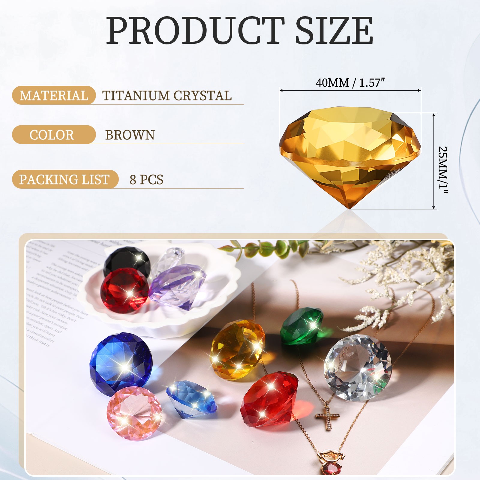 8 Pcs 40mm / 1.57 Inch Diamond Crystal Paperweight, Brown