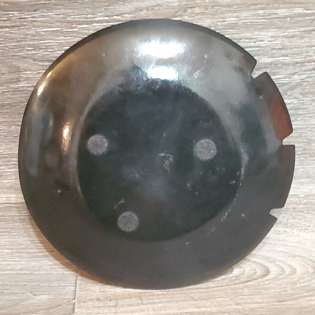 MCM Tabletop Ashtray / Trinket Dish – Gold Green Enamel Flat Metal Round 8″