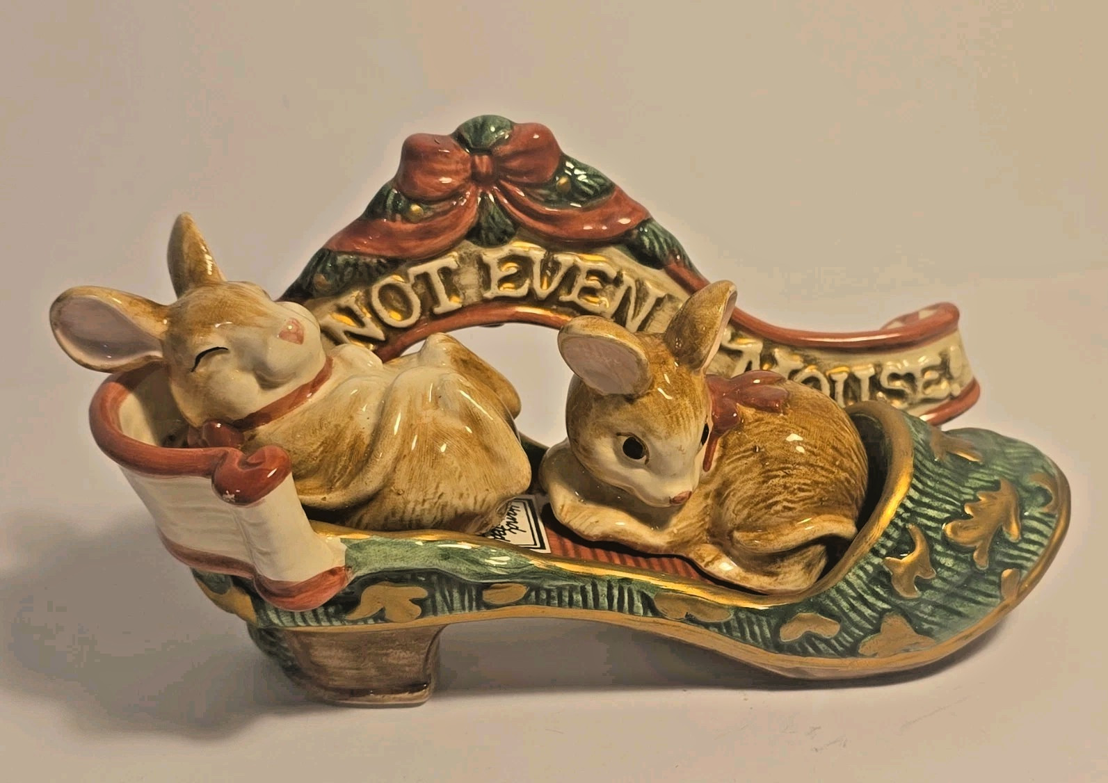 Fitz And Floyd “Not Even A Mouse” Christmas Salt and Pepper Set with Shoe Caddy