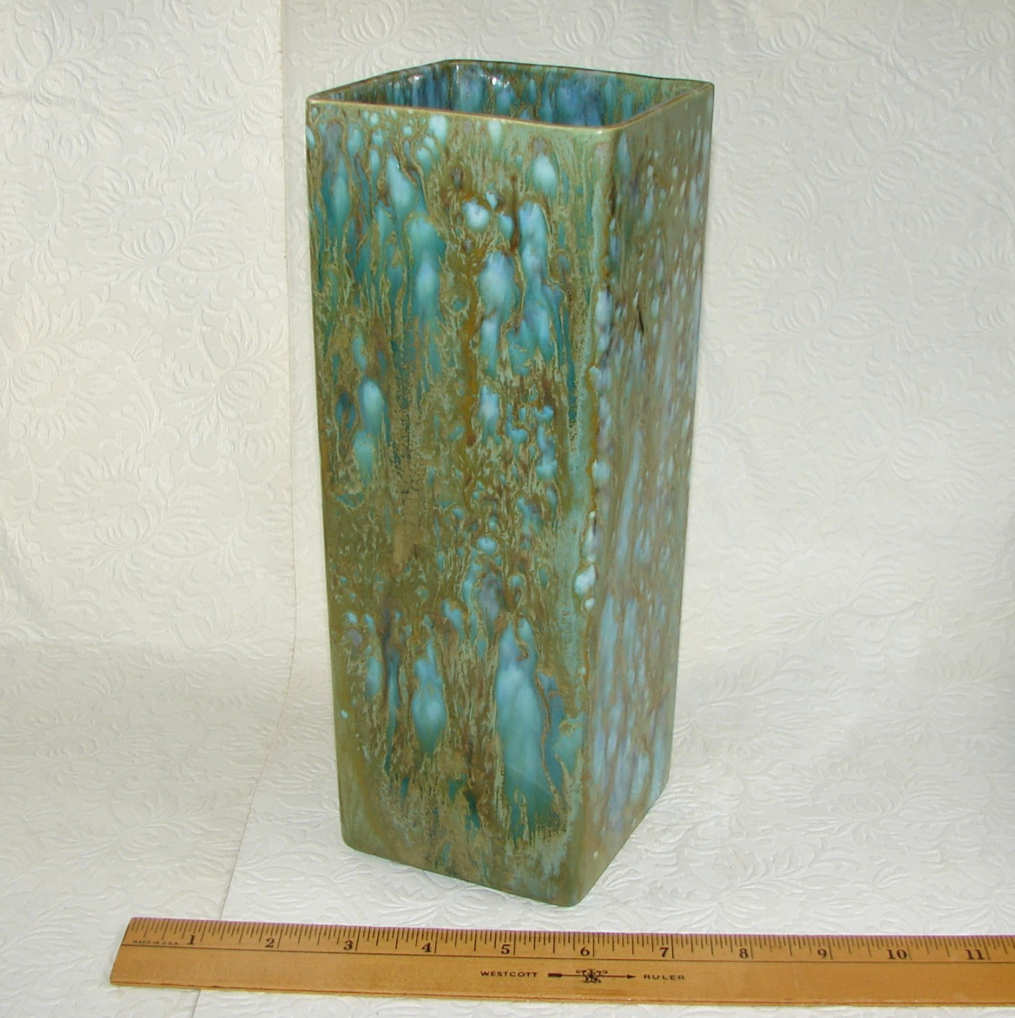 Vtg Monterey Jade Blue/Green Drip Glaze Square VASE, California Pottery MCM MJ3