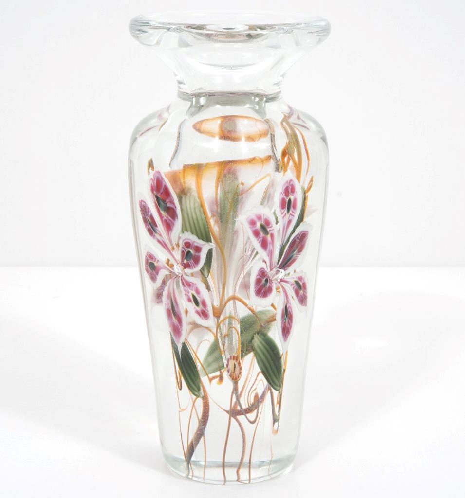 Art Glass Vandermark Studios Merritt & Smarr LE Pink White Flower Clear Vase, 8″