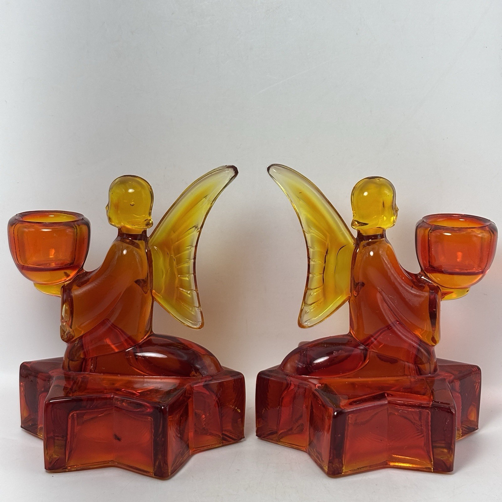 L E Smith Angel Star Candle Holder Amberina, Orange Glass Set Of 2 READ