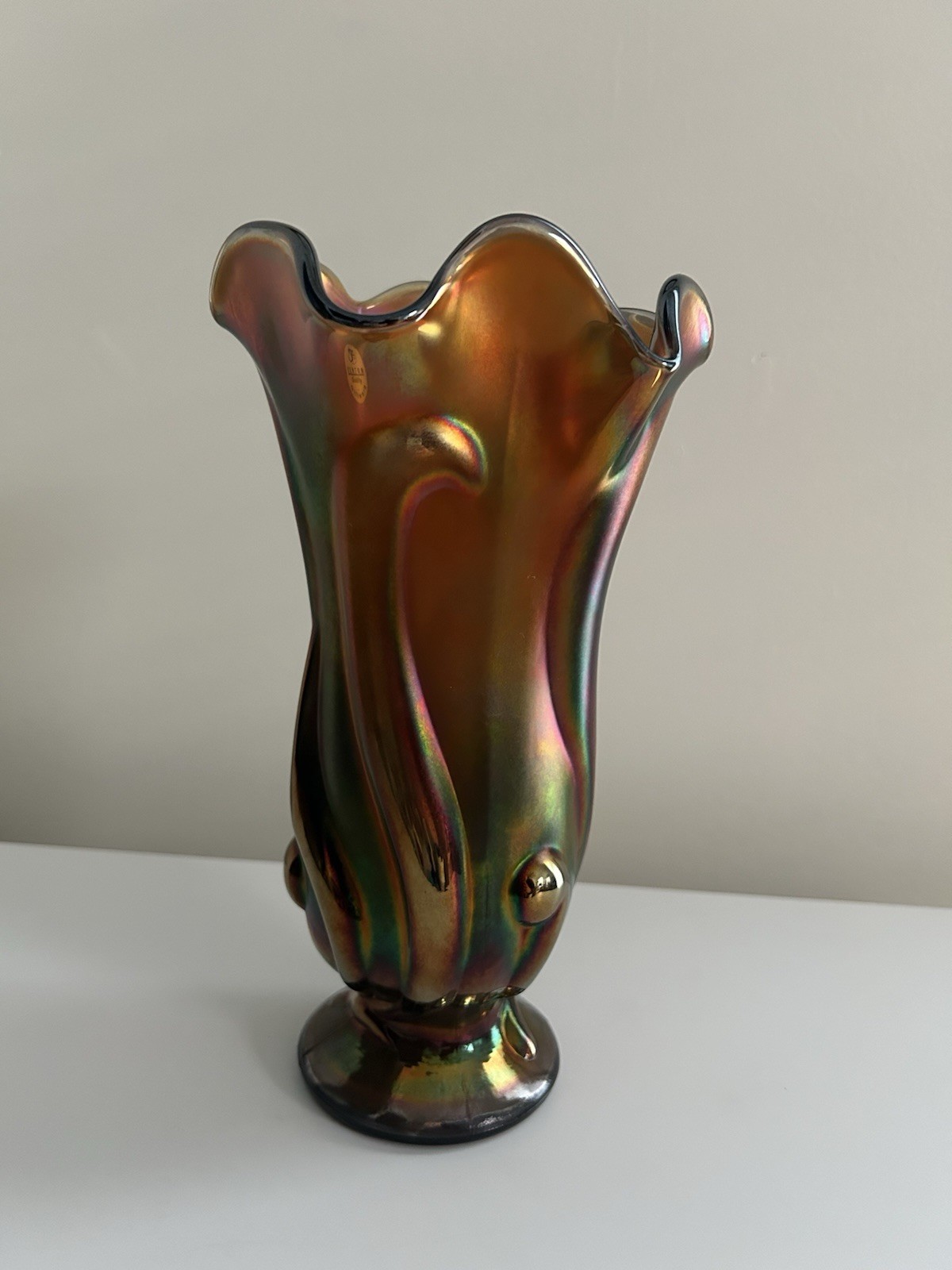 Fenton Carnival Stretch Glass Vase Iridescent Signed 9.5 Inches