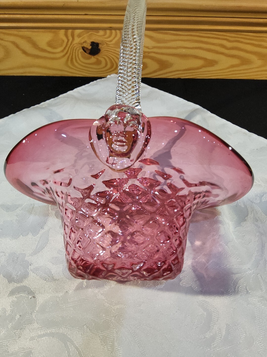Art Glass Cranberry Bridal Basket Weave Rope Handle Quilted Riekes Chalet Canada